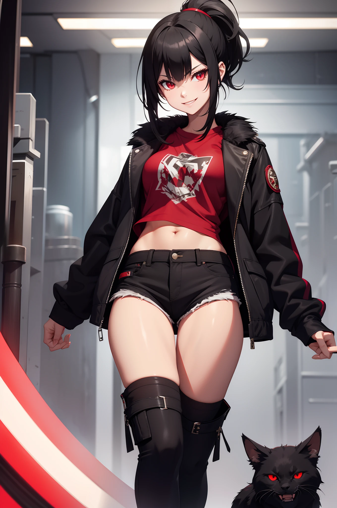 solo female, black hair, red eyes, ponytail, red shirt, black jacket, fur, jean shorts, navel, evil smile, thighs