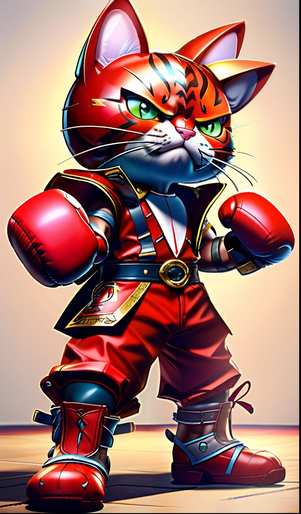 Alafelderel cat wearing boxing gloves and red shirt, in a fighting stance, boxing gloves, boxing, wearing vibrant boxing gloves, catss, in a fighting pose, anthropomorphic cat, Kickboxing, Meow, Boxing pose, angry cat, author:Melissa Benson, anime visual of a cute cat, cat design, boxer, in a boxing ring