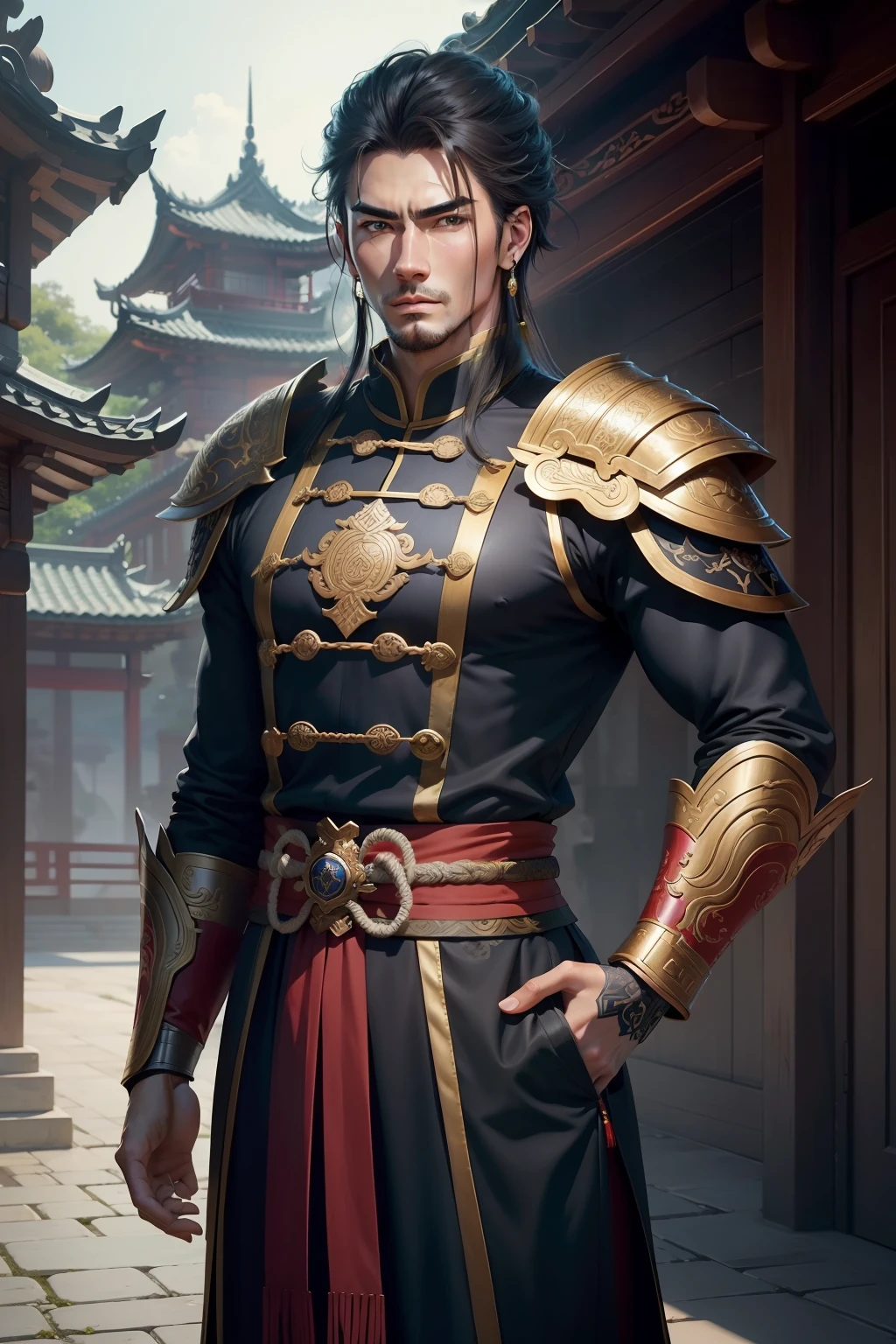 「Unparalleled in the Three Kingdoms」Create a square handsome male game character illustration reminiscent of (dynasty warriors) Style:
1. Marco: Character design centered、Make sure it fits snugly within a perfect square frame.
2. Pose: Male characters must show a confident posture, Although it looks like it is ready for battle、There is an air of grace.
3. outfit: Dress up your character in sophisticated traditional Chinese warrior attire, Emphasis with complex patterns, Perhaps a silver lining or emblem.
4. arma: Arm him with sleek Chinese weapons, Like Gian (Straight knives) or folding fan, With elegant design features.
5. Colors: Opt for a palette featuring royal blues, Plata, and Caucasian.
6. Face: Young with sharp facial features and no facial hair々Draw a handsome face. His eyes should exude intelligence and charisma.
7. Hairstyle: Give him a long from the inside, Smooth flowing hair, Perhaps tied behind the back or、Falls gracefully across his shoulders, With traditional decorative hairpins.
8. Background: Add subtle silhouettes of ancient Chinese structures and serene landscapes、Consider setting the atmosphere, Make sure your character is your primary focus.
9. extra details: Consider including small accessories like earrings, Necklaces, Or ornate arm guards to add aesthetic appeal.
「Unparalleled in the Three Kingdoms」Capture the charm and charm typical of handsome in style, Young without facial hair々Shishi Male Character."