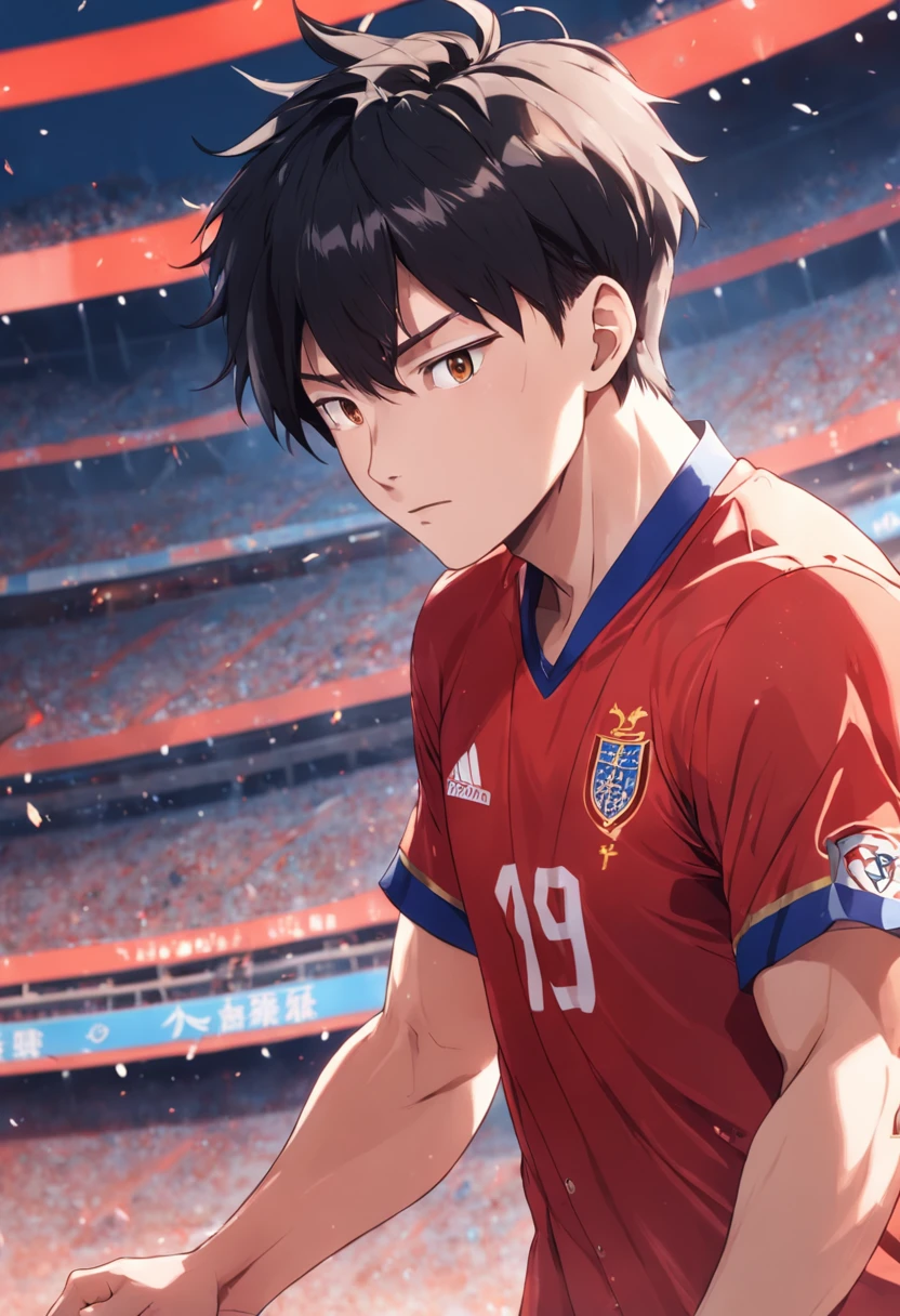 (best qualtiy,Highest high resolution) Chinese male football player,Clear facial expressions,eyes with brightness,young handsome,Sunny vitality,Tall stature,Robust and strong