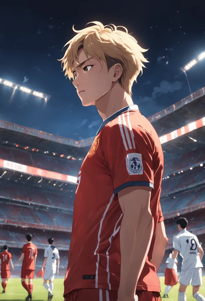(best qualtiy,Highest high resolution) Chinese male football player,Clear facial expressions,eyes with brightness,young handsome,Sunny vitality,Tall stature,Robust and strong