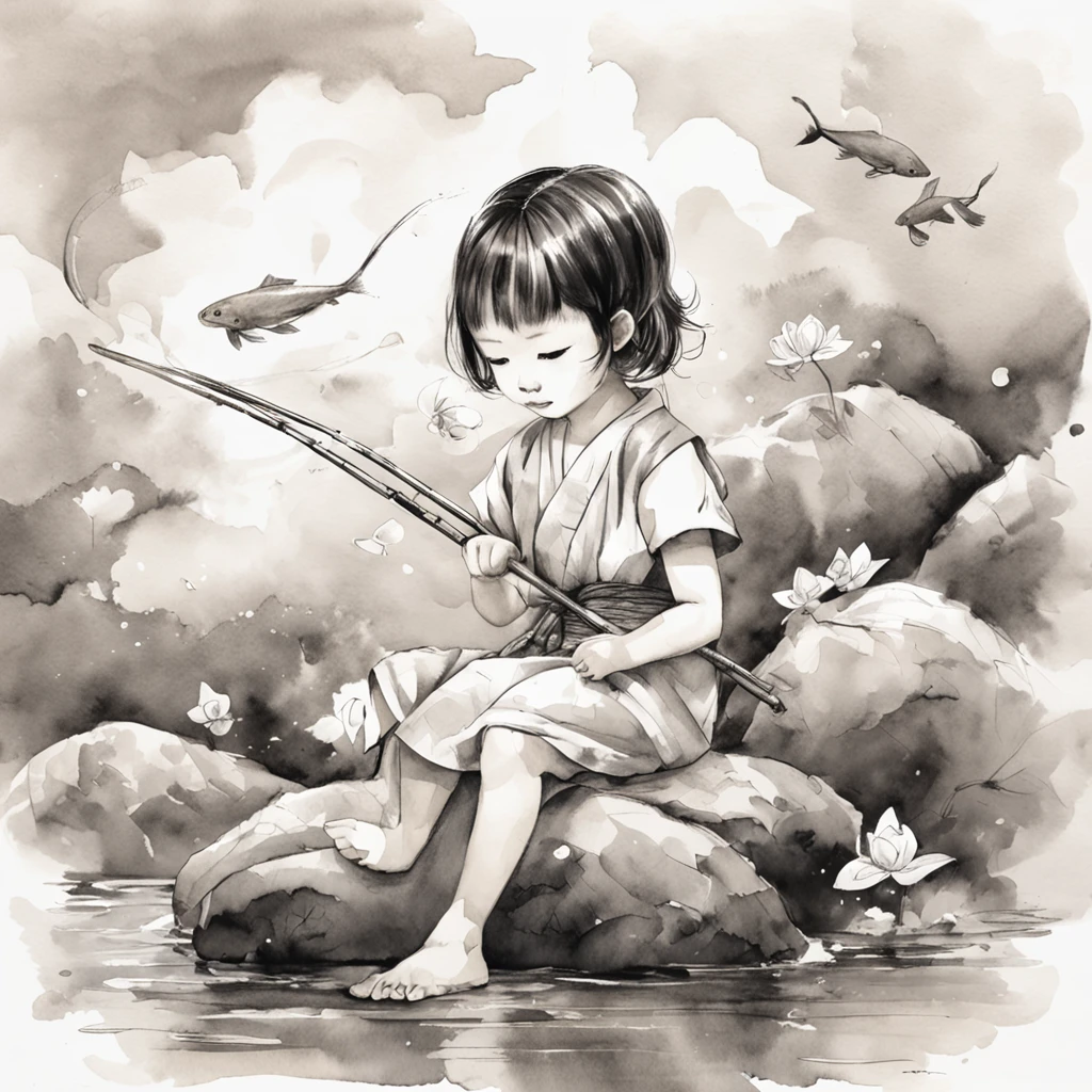 China ink painting,water ink,ink,Smudge,Black and white,China-style, sitting on giant koi flying in the sky,Thick clouds,Short hair and small braids,Denim suspenders,The barefoot,depth of fields,high light,Real light,Ray traching,oc rendered,Hyper-realistic,best qualtiy,8K,Works of masters,super-fine,Detailed pubic hair,Correct anatomy,sharp focus on eyes,Bokeh,Facial features are carefully depicted