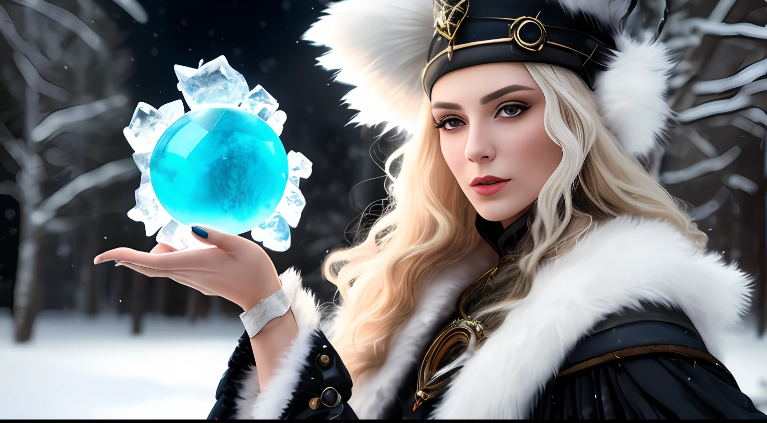 Blonde woman in white fur coat holding a ball glowing in the snow, a sorceress casting a ice ball, Beautiful ancient frost witch, ice sorceress, queen of ice and storm, ice sorceress, A female sorceress who invokes spells, Fantasy Character Pictures, Maya Ali as Storm Wizard, Portrait of the Steampunk Ice Lady, The White Witch, Ice Queen
