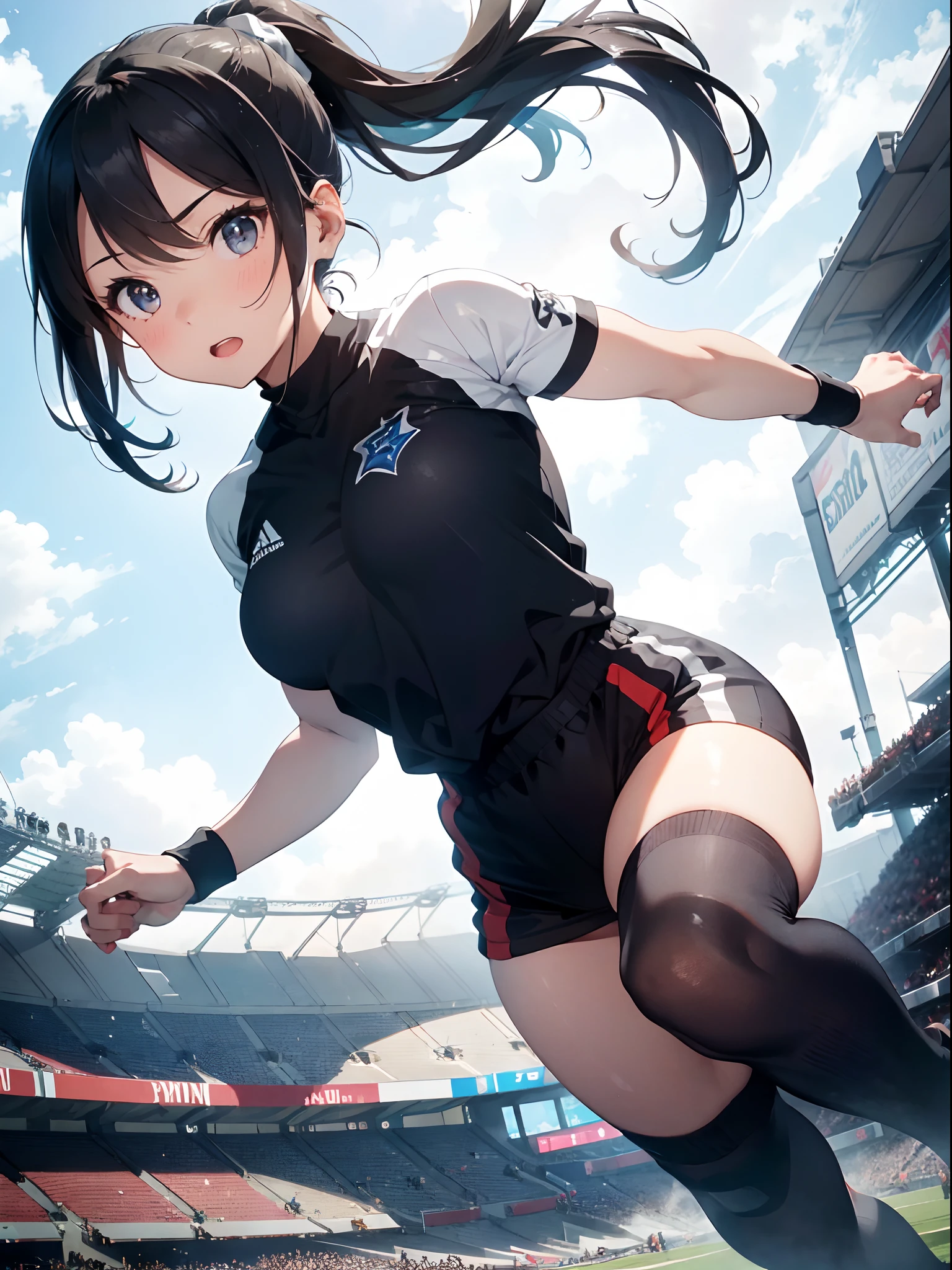 (Talina), 1girl, as a cheerleader, wearing a cheerleader outfit, at a playground, black colour hair, 8k, high detailed, high quality