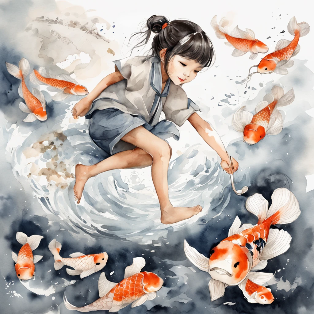 China ink painting，water ink，ink，Smudge，Black and white，China-style，Little girl sitting on giant koi flying in the sky，Thick clouds，Short hair and small braids，Denim suspenders，The barefoot，depth of fields，high light，Real light，Ray traching，oc rendered，Hyper-realistic，best qualtiy，8K，Works of masters，super-fine，Detailed pubic hair，Correct anatomy，sharp focus on eyes，Bokeh，Facial features are carefully depicted