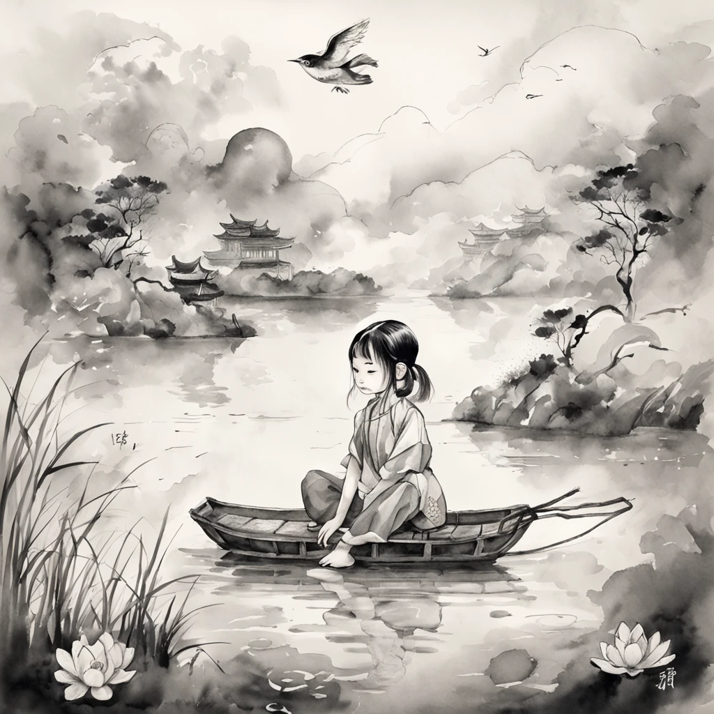 China ink painting,water ink,ink,Smudge,Black and white,China-style,Little girl sitting on giant koi flying in the sky,Thick clouds,Short hair and small braids,Denim suspenders,The barefoot,depth of fields,high light,Real light,Ray traching,oc rendered,Hyper-realistic,best qualtiy,8K,Works of masters,super-fine,Detailed pubic hair,Correct anatomy,sharp focus on eyes,Bokeh,Facial features are carefully depicted