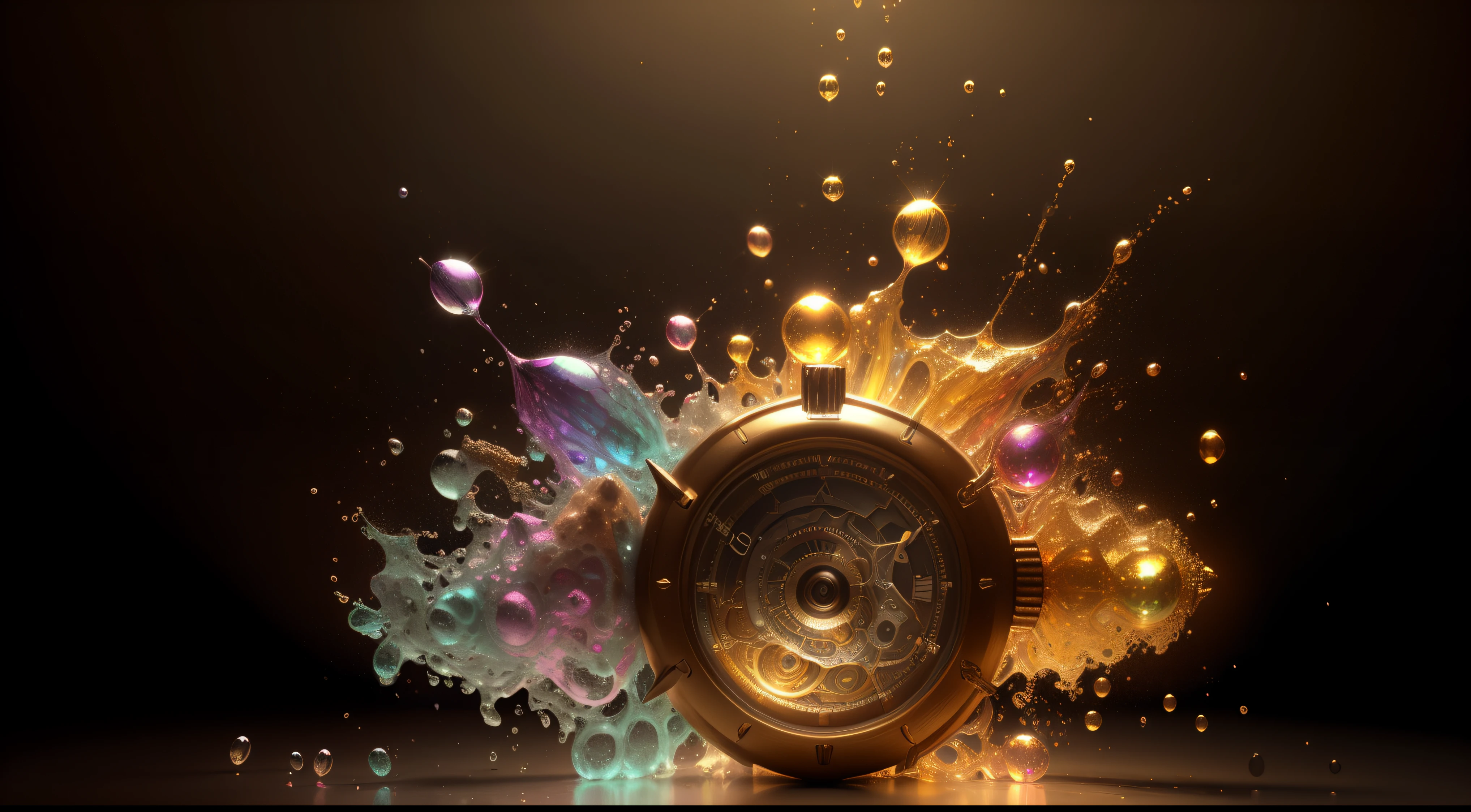 (( fotografia digital del interior de un reloj mecanico a cuerda, engranajes, balancines, ruedas dentadas de metal dorado mate, con patina, antiguo)) ,( en el fondo de la imagen y adheridas al mecanismo del reloj y a su alrededor y en el fondo hay salpicaduras multicolores y gotas congeladas multicolores , tornados de gotas multicolores, brillos tornasolados todos en el estilo del arte de Alberto Severo, bring liquid droplets to life in a symphony of textures and colors) , digital photography ,cinematic lighting gran acercamiento ,Trabajo hiperrealista, efectos 3D, Ultra HD, obra de arte magistral ,16k Arte digital 4K altamente detallado, Pintura digital intrincada, Arte digital detallado 4K,Esta cautivadora pantalla, skillfully crafted with the animation capabilities of Cinema 4D,. The final composition, Enriched with gamma correction and tone mapping techniques,