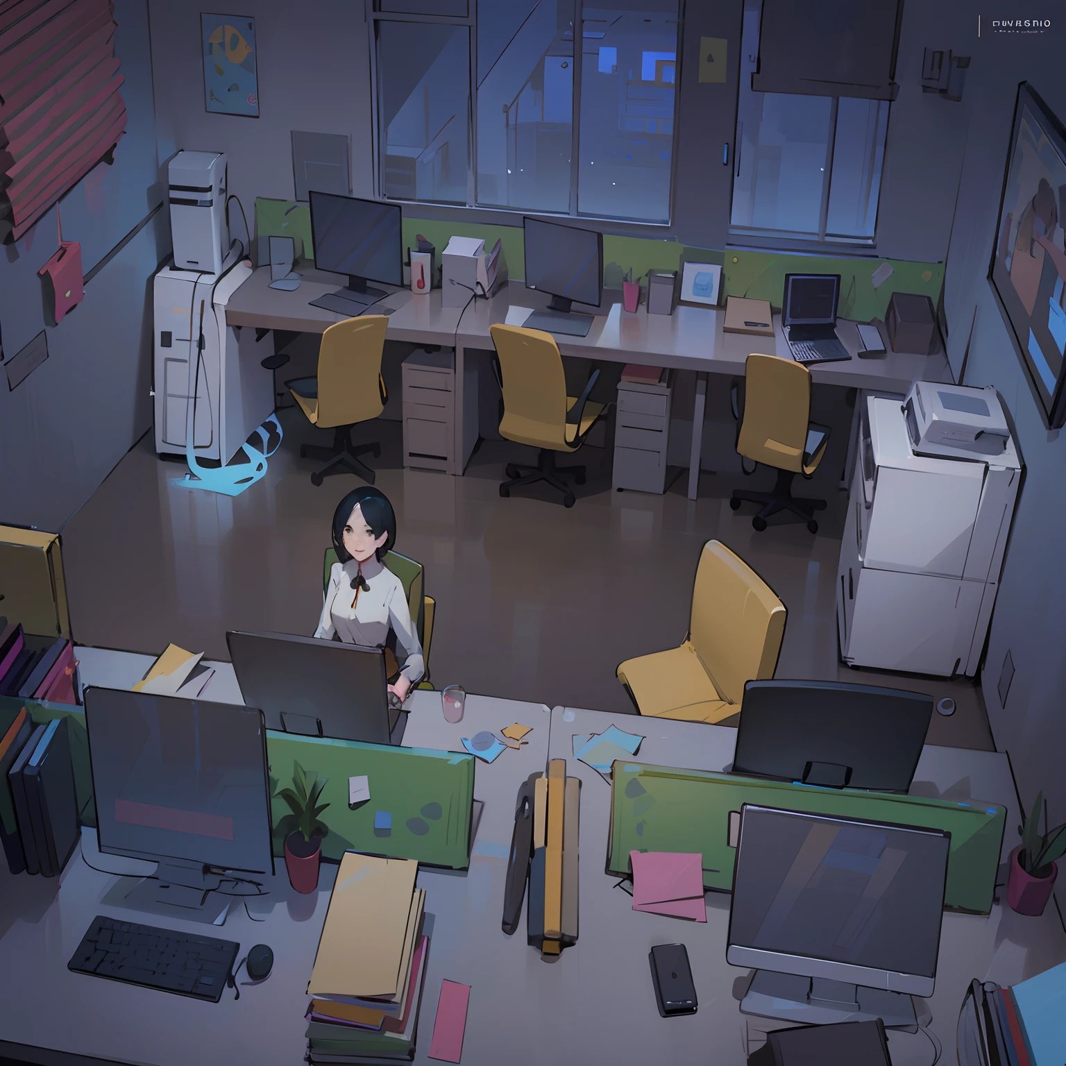 There was a woman sitting at her desk，Holding a laptop, Detailed 2D illustration, keyframe illustration, atey ghailan 8 k, Anime background art, drawn in anime painter studio, personal room background, style of madhouse studio anime, interior background art, Digital anime illustration, office backdrop, arte de fundo, 2D illustration, 2 d illustration