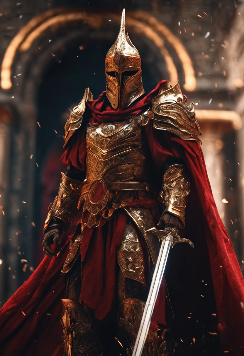 (Ultra-detailed CG unity 8k wallpaper, Masterpiece, Best quality, Depth of field, hdr, Intricate), Tall sinister dark killer,Wearing a metal mask,Bright blood-red eyes,Golden Praetorian Guard armor,Behind him is wearing a gorgeous golden cloak,In his left hand, he holds a sharp giant sword in one hand,Walk through the golden majestic palace, On both sides of the palace stood countless people wearing golden Janissary armor,(Intricate: 1.4) (Masterpiece: 1.4) (illustration: 1.4), Red studio lighting, Post-processing, 8K resolution, Dark background, Imposing, Well-composed photos, Impressive, Dark fantasy,Cinematic real