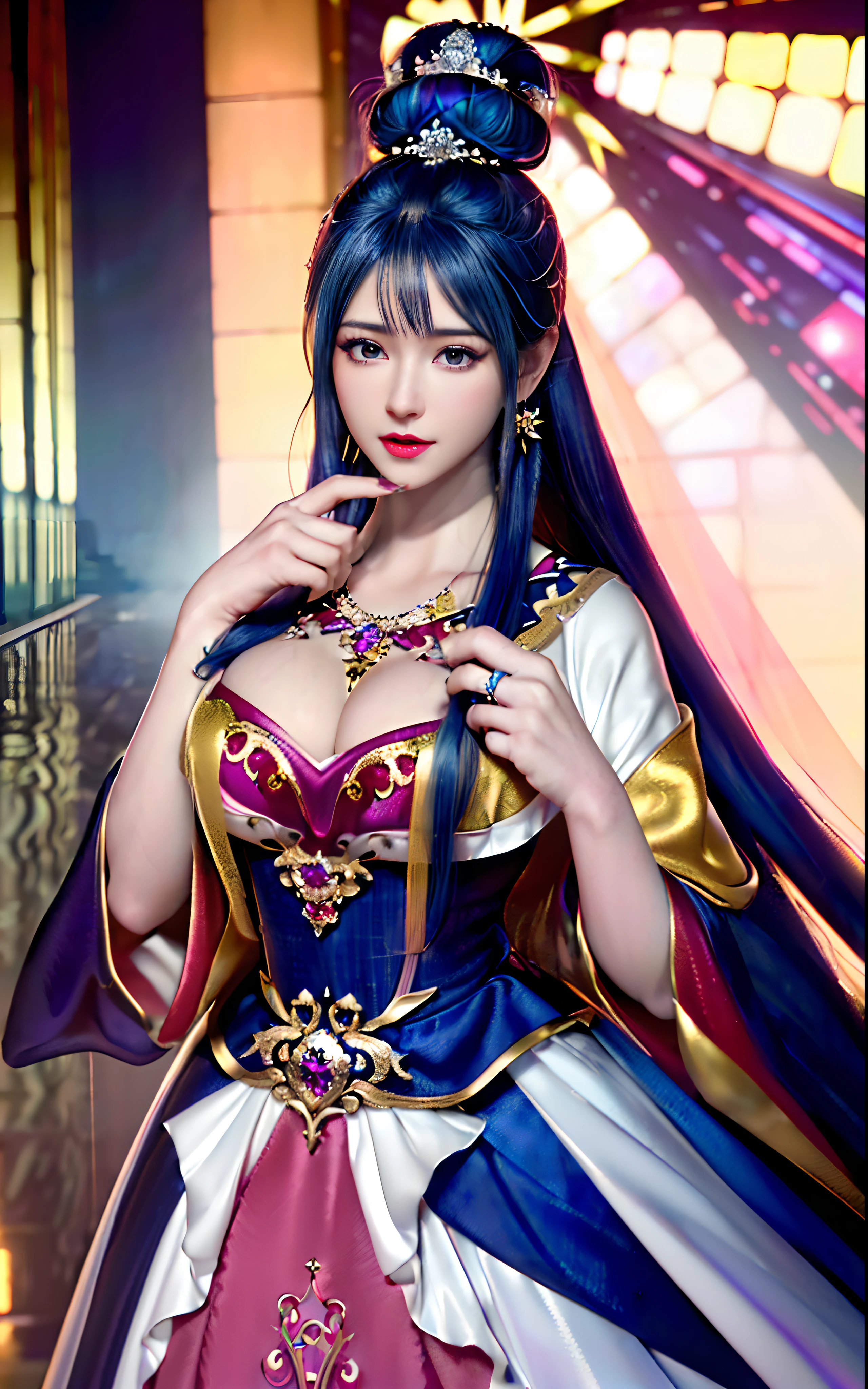 ((realisticity: 1.2)), ((realistic: 8K UHD)), ((best resolution: 8K UHD)), hyper detailed, best quality,masterpiece,highres,cg, ((1 girl hyper detailed and hyper realistic) ) , ((beautiful queen, hyper realistic and hyper detailed)),((white skin, beautiful, smooth, youthful, hyper realistic and hyper detailed )), ((Face hyper beautiful, white, hyper realistic and hyper detailed ) ), long hair, ((hyper realistic and hyper detailed dress)), solo, ((hyper realistic, hyper beautiful, beautiful and hyper detailed jewelry)), ((hyper beautiful deep red and golden yellow dress, hyper realistic and hyper detailed )) , ((Her pretty, hyper realistic, hyper detailed diamond filled earrings)), ((Her gorgeous diamond haircut, hyper realistic and hyper detailed)), ((hyper pretty upper body, hyper beautiful, hyper realistic and hyper detailed) ), ((medium breast: 1.1)), ((hyper realistic, hyper pretty, hyper detailed boobs)), ((the backgroun of the royal palace is hyper majestic, hyper realistic and hyper detailed)),((hands and palms hyper beautiful, hyper detailed, hyper realistic)), ((hyper detailed and hyper realistic fingers and fingernails)), ((hyper pretty fingernails, hyper vivid, hyper detailed, hyper realistic)), ((thumb, index finger, middle finger, ring finger, little finger hyper vivid, hyper pretty, hyper detailed, hyper realistic)),
((hyper beautiful fingers, hyper detailed, and hyper realistic)), ((posture not too fat and not too thin, hyper realistic, hyper detail)), ((hyper pretty, hyper pretty, hyper realistic and hyper detailed hair bun)), ((hyper pretty , hyper realistic and hyper detailed blue hair)), candid, Photo, high resolution, 8k , bokeh,
