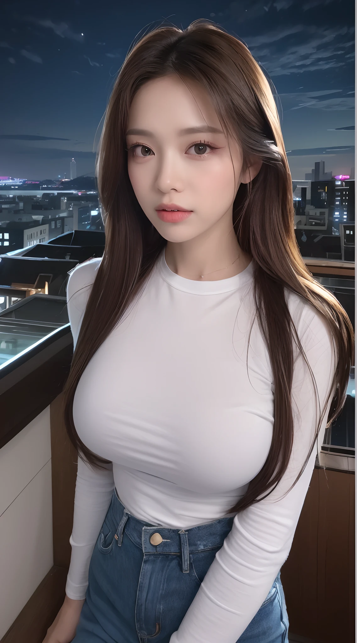 ((Midnight, Best quality, 8k, Masterpiece :1.3)), Whole body, Long legs, Sharp focus :1.2, A pretty woman with perfect figure :1.4, Slender abs :1.1, ((Dark brown hair, Big breasts :1.2)), (White tight tshirt, Jean bib, Standing:1.2), ((Night city view, Rooftop:1.3)), Highly detailed face and skin texture, Detailed eyes, Double eyelid,extremly large breasts
