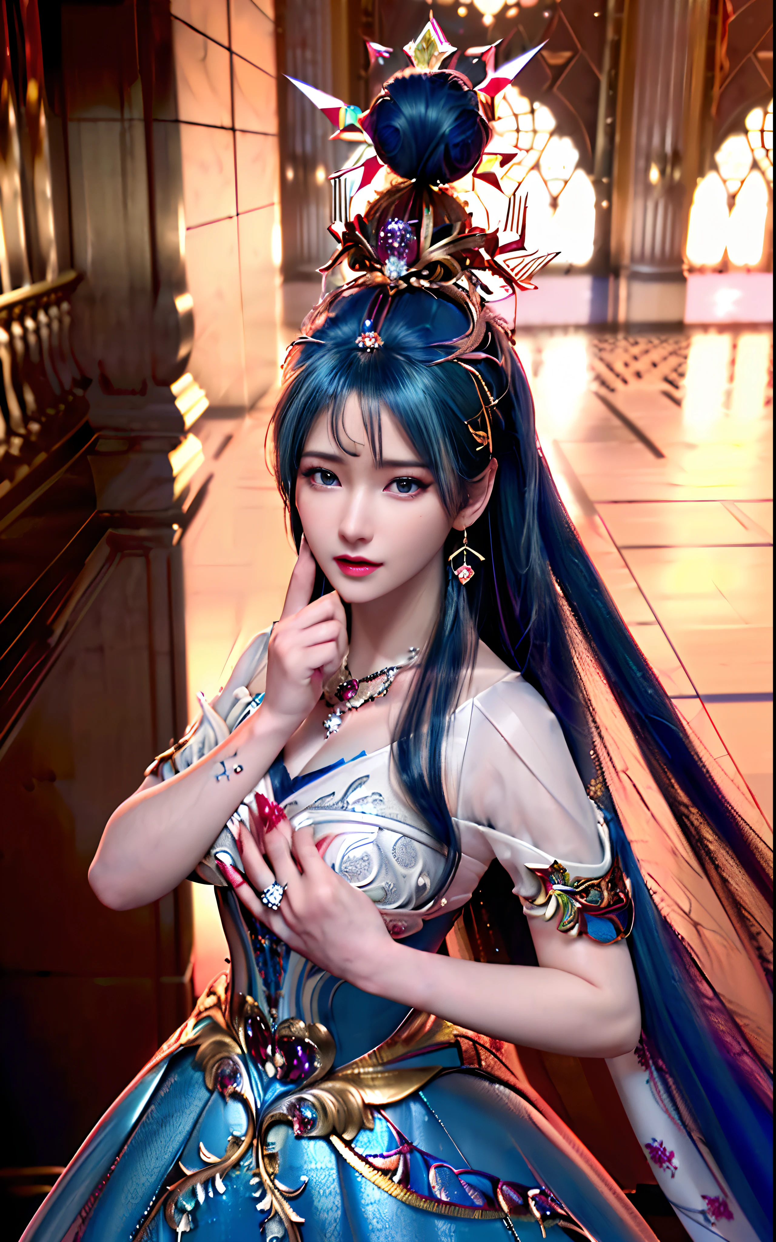 ((realisticity: 1.2)), ((realistic: 8K UHD)), ((best resolution: 8K UHD)), hyper detailed, best quality,masterpiece,highres,cg, ((1 girl hyper detailed and hyper realistic) ) , ((beautiful queen, hyper realistic and hyper detailed)),((white skin, beautiful, smooth, youthful, hyper realistic and hyper detailed )), ((Face hyper beautiful, white, hyper realistic and hyper detailed ) ), long hair, ((hyper realistic and hyper detailed dress)), solo, ((hyper realistic, hyper beautiful, beautiful and hyper detailed jewelry)), ((hyper beautiful deep red and golden yellow dress, hyper realistic and hyper detailed )) , ((Her pretty, hyper realistic, hyper detailed diamond filled earrings)), ((Her gorgeous diamond haircut, hyper realistic and hyper detailed)), ((hyper pretty upper body, hyper beautiful, hyper realistic and hyper detailed) ), ((medium breast: 1.1)), ((hyper realistic, hyper pretty, hyper detailed boobs)), ((the backgroun of the royal palace is hyper majestic, hyper realistic and hyper detailed)),((hands and palms hyper beautiful, hyper detailed, hyper realistic)), ((hyper detailed and hyper realistic fingers and fingernails)), ((hyper pretty fingernails, hyper vivid, hyper detailed, hyper realistic)), ((thumb, index finger, middle finger, ring finger, little finger hyper vivid, hyper pretty, hyper detailed, hyper realistic)),
((hyper beautiful fingers, hyper detailed, and hyper realistic)), ((posture not too fat and not too thin, hyper realistic, hyper detail)), ((hyper pretty, hyper pretty, hyper realistic and hyper detailed hair bun)), ((hyper pretty , hyper realistic and hyper detailed blue hair)), candid, Photo, high resolution, 8k , bokeh,