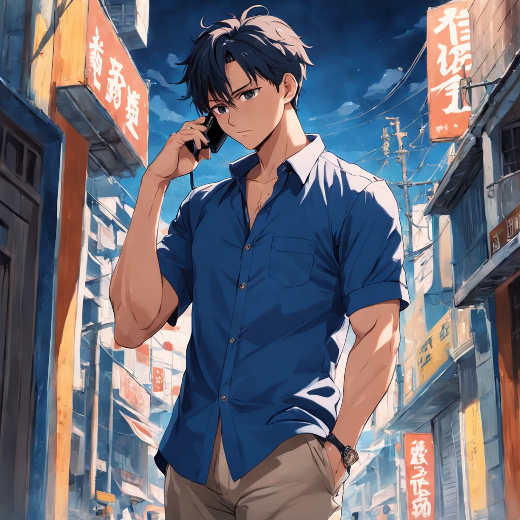 arafed man in a blue shirt and shorts talking on a cell phone, short sleeves, summer shirt, young man with short, dark blue shirt, navy shirt, mid shot portrait, in style of thawan duchanee, official product image, modern casual clothing, rin, in style of davey adesida, bottom angle, ben - day dots, medium