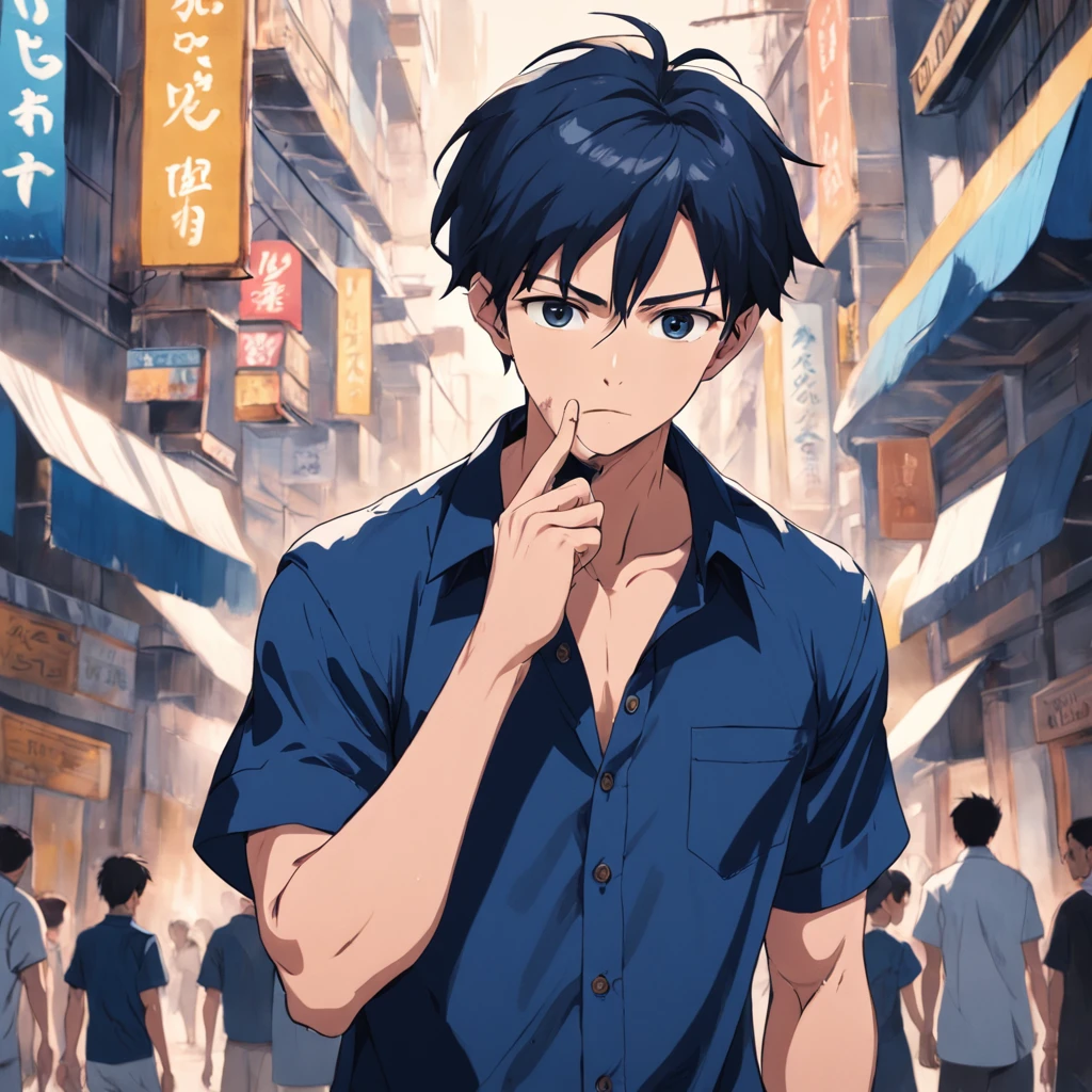 arafed man in a blue shirt and shorts talking on a cell phone, short sleeves, summer shirt, young man with short, dark blue shirt, navy shirt, mid shot portrait, in style of thawan duchanee, official product image, modern casual clothing, rin, in style of davey adesida, bottom angle, ben - day dots, medium