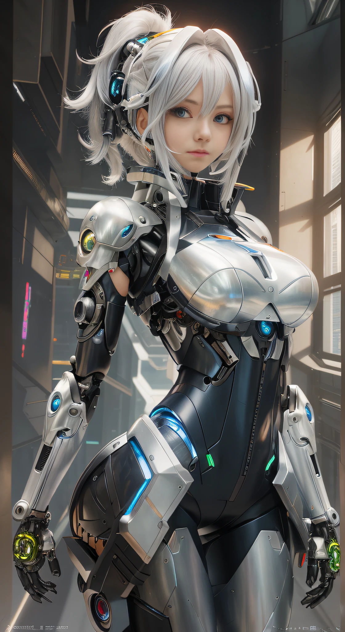 Anime girl futuristic suit with futuristic hair and blue eyes, cyborg - girl with silver hair, girl in mecha cyber armor, Biomechanical OPPAI, cyberpunk anime girl mech, perfect android girl, Digital cyberpunk anime art, Detailed digital anime art, trending on artstation pixiv, inspired by Marek Okon, perfect anime cyborg woman