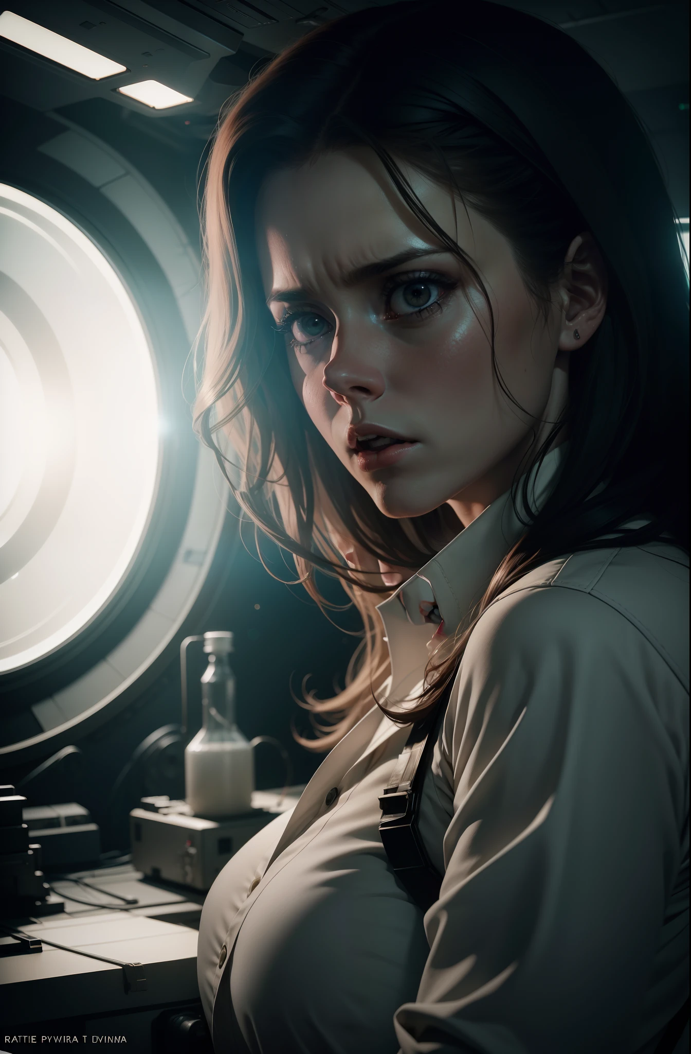 Hot terrified Amy Adams as a Scientist Hiding on Ishimura Horror Space Ship photography, natural light, photorealism, cinematic rendering, ray tracing, the highest quality, the highest detail, Cinematic, Third-Person View, Blur Effect, Long Exposure, 8K, Ultra-HD, Natural Lighting, Moody Lighting, Cinematic Lighting