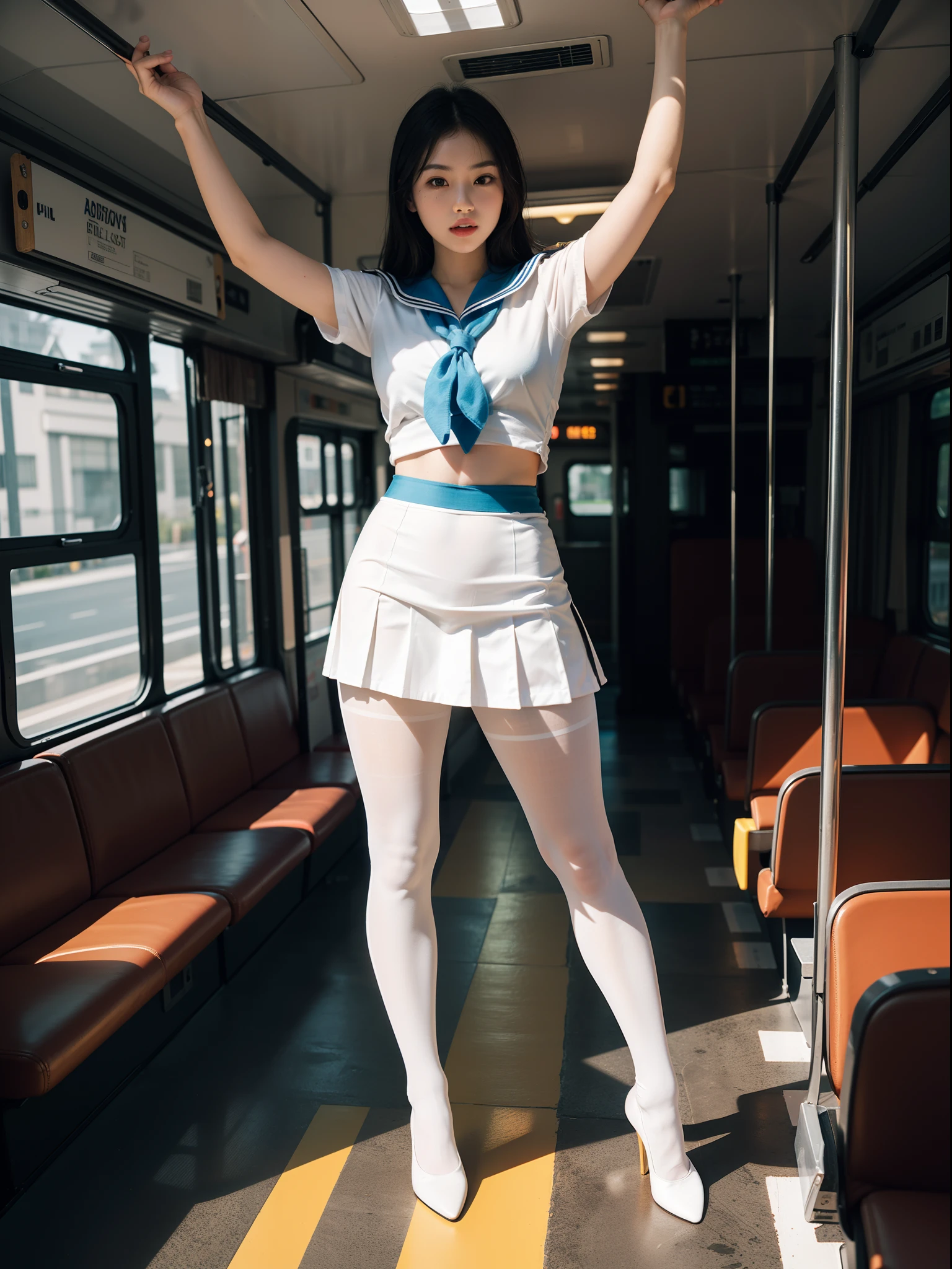 (full body:1.5),((girl):1.4),(view the viewer:1.4),(anatomy correct:1.3),(martial art pose on a bus:1.2),((colorful), (A brown Sailor suit break red checkered high waisted pleated skirt )):1.2),((thick white Pantyhose):1.32),(black girl pointed thick heels :1.1),,(Accurate and perfect face:1.3),hyper HD, Ray traching, reflective light, structurally correct, Award-Awarded, high detail, lighten shade contrast, Face lighting ,cinematic lighting, masterpiece, super detailing, high quality, high detail, best quality, 16k,High contrast,