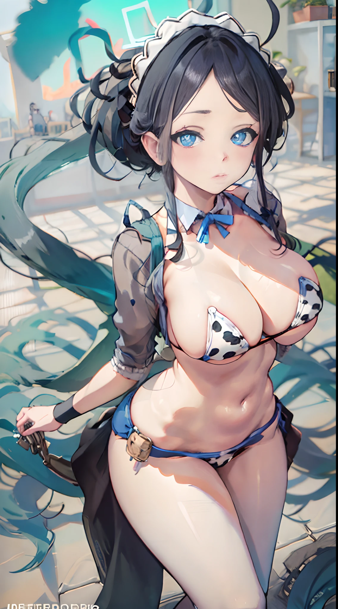 Cheers Saki | Blue Archives, Iwhole Body, (NSTDA.:1.2), (10, beste-Qualit, master-piece: 1.4), ultra-high resolution, (Realistic, photorealistic portrait: 1.48), 25-year-old girl , ( Micro Beetle View - Bikini Pass:1.11),Cow's milk bikini print, Famous Japanese celebrities, enormous breasts, Blue Eyes, Head Tilted, cowboy shot, View from above, looking at the audience, expressionless, Beautiful Sea Zeiss f 150mm/ 2.8 Hasselblad, Whole body, foot , Ultra-Wide Angle