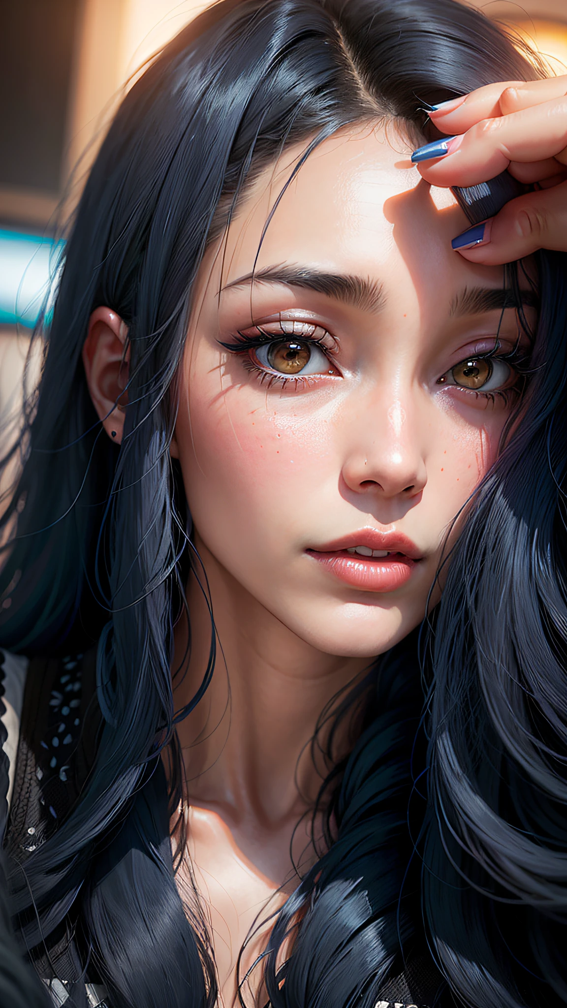 there is a woman with long hair and a blue manicure, 8k selfie photograph, 30 years old woman, 3 0 years old woman, asian face, with very thin lips, 2 8 years old, face with artgram, with accurate face, face picture, 2 7 years old, with professional makeup, with round face, close up face, an asian woman