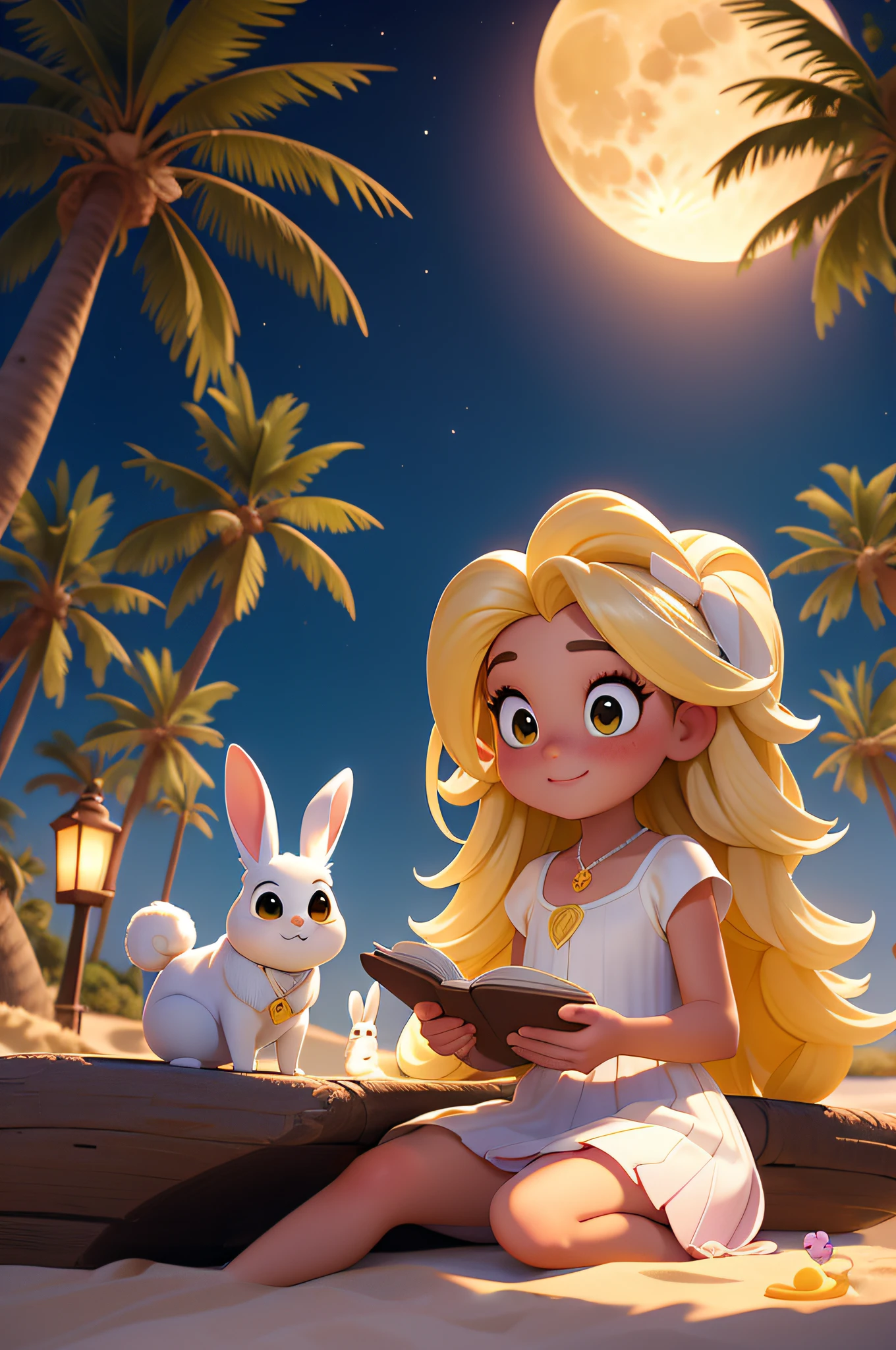 Cartoon girl sitting on the beach，There are two rabbits and a tablet, lovely digital painting, Cute detailed digital art, style of disney animation, cute storybook illustration, Beautiful digital illustration, childrens art in artstation, adorable digital art, storybook illustrations, disney artstyle, disney artstyle, storybook illustrations, stunning digital illustration, lola bunny fanart