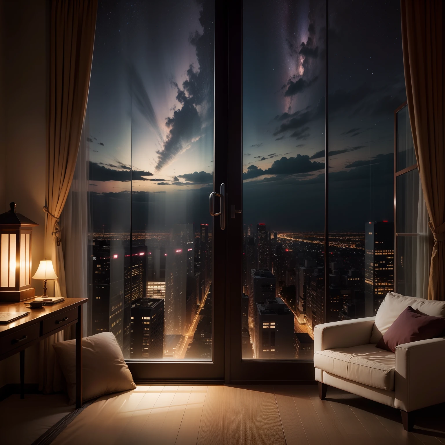 nighttime scene、moody room、huge window