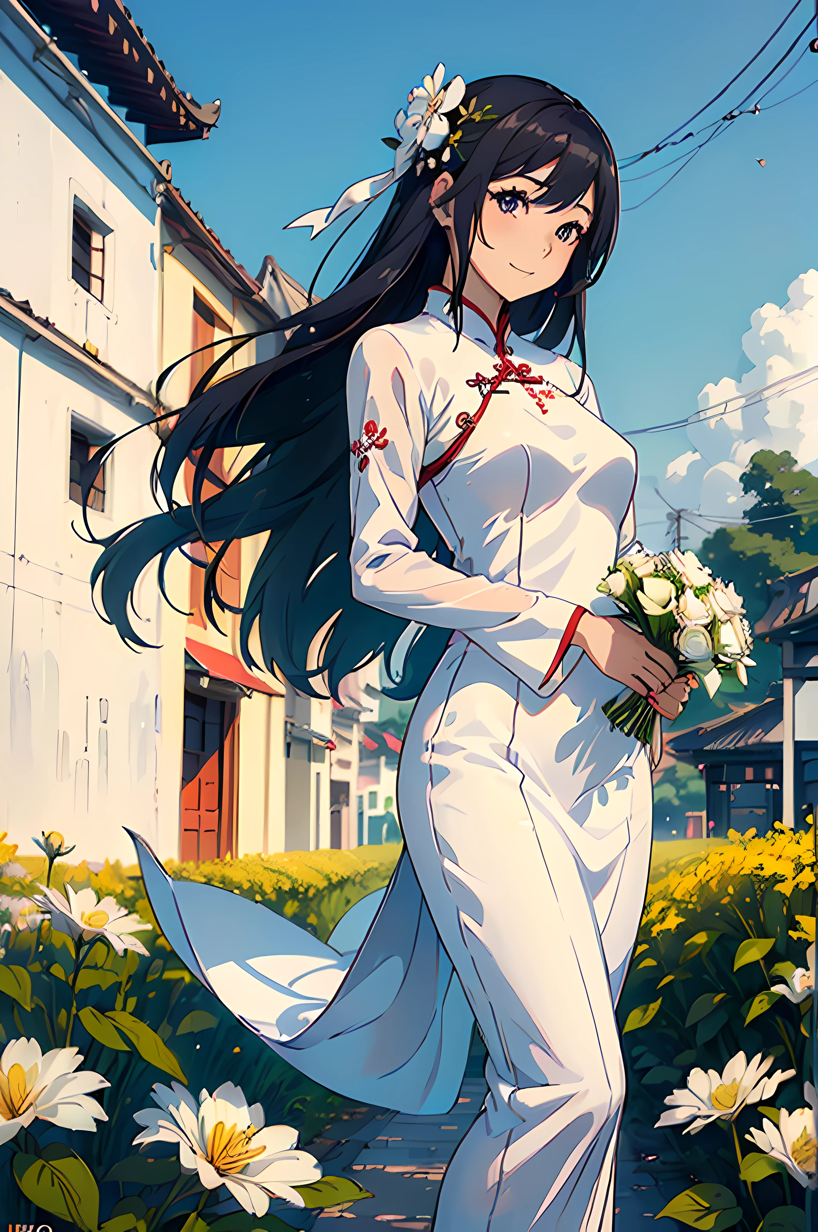 (((One beautiful woman))), (((Soio))), A dark-haired, masutepiece, Best Quality, (((Anime))), (((white ao dai))), (Things to do in Vietnam), Smile, holding flower bouquet, ((depth of fields)),