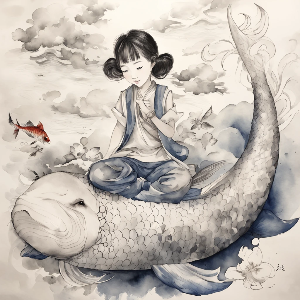 China ink painting，water ink，ink，Smudge，Black and white，China-style，Little girl sitting on giant koi flying in the sky，Thick clouds，Short hair and small braids，Denim suspenders，The barefoot，depth of fields，high light，Real light，Ray traching，oc rendered，Hyper-realistic，best qualtiy，8K，Works of masters，super-fine，Detailed pubic hair，Correct anatomy，sharp focus on eyes，Bokeh，Facial features are carefully depicted