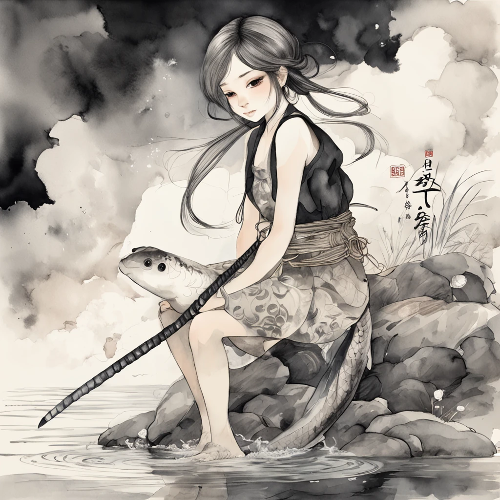 China ink painting,water ink,ink,Smudge,Black and white,China-style,Little girl sitting on giant koi flying in the sky,Thick clouds,Short hair and small braids,Denim suspenders,The barefoot,depth of fields,high light,Real light,Ray traching,oc rendered,Hyper-realistic,best qualtiy,8K,Works of masters,super-fine,Detailed pubic hair,Correct anatomy,sharp focus on eyes,Bokeh,Facial features are carefully depicted