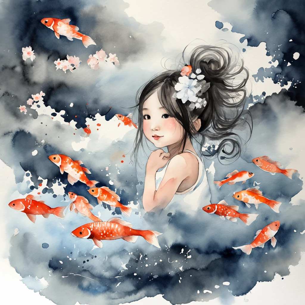 China ink painting,water ink,ink,Smudge,Black and white,China-style,Little girl sitting on giant koi flying in the sky,Thick clouds,Short hair and small braids,Denim suspenders,The barefoot,depth of fields,high light,Real light,Ray traching,oc rendered,Hyper-realistic,best qualtiy,8K,Works of masters,super-fine,Detailed pubic hair,Correct anatomy,sharp focus on eyes,Bokeh,Facial features are carefully depicted