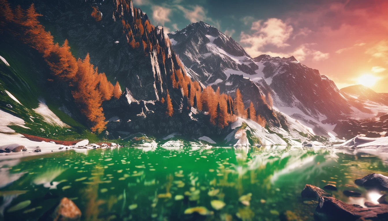 green floor，lakes，snow mountains，wide angles