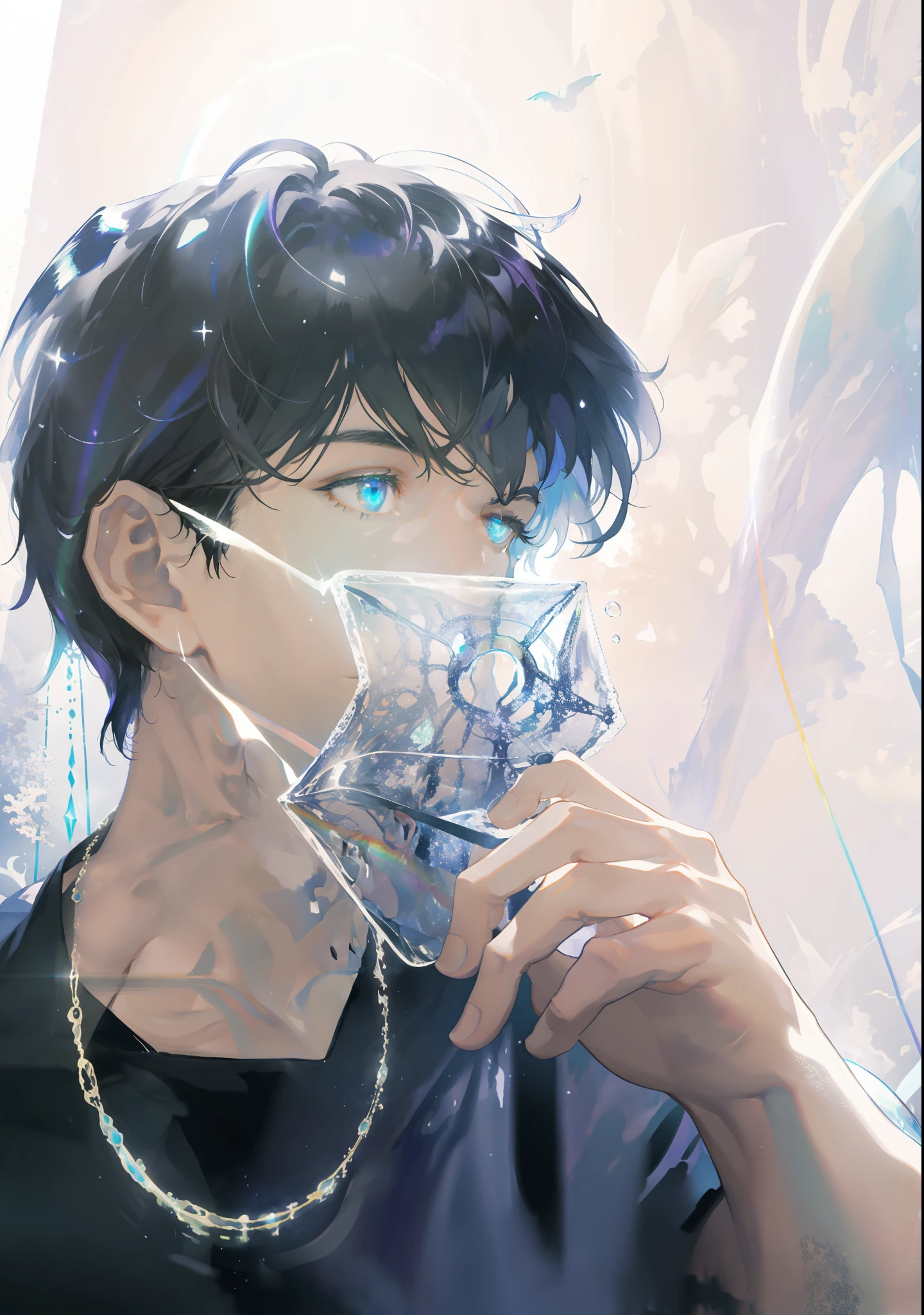 masterpiece, best quality, 1 male, adult, mature, tall muscular guy, Dark theme, Magic circle, bubble, rainbow Sunlight, Underwater, Reflected mirror, floating piece of Glass, Rainbow light, Bubble Swirling, wind Swirling, Aurora, fantasy scenery, Starlight around the character, (upper body)