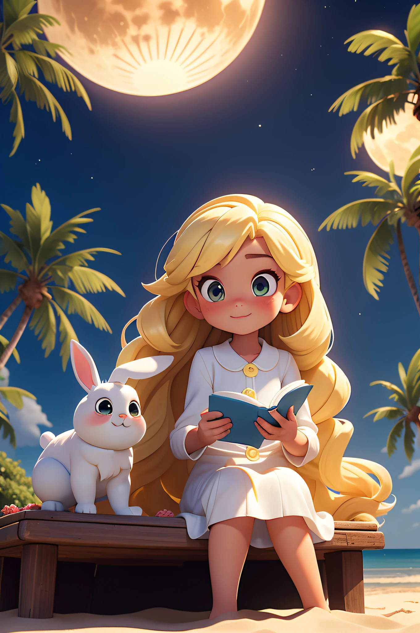 tmasterpiece, best qualityer, 1 young girl, long whitr hair，Yellow hair，white dresses，A couple of cute rabbits，sandbeach，Sit and read，the night，There is 1 super-large Full Moon in the sky，coconut palms，pixar-style，Disney  style，