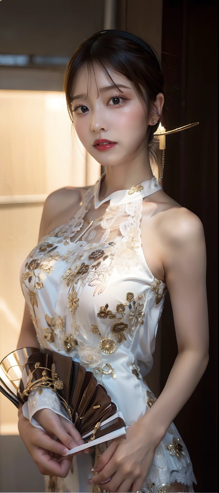 girl xinh: Asia, siêu dễ thương;
age: from 18-20 years old;
hair: copper orange color, smooth, lung linh dưới sunlight, detail;
skin: milk white, rosy and flawless;
eye: jet black, almond shaped, sexy, youthful, trong veo, siêu detail, elegant, charming, sharp makeup, true, attract viewers;
mí eye: delicate, delicate, Perfect Beauty;
eyebrow: cong, dear, high solution;
Face: beautiful, pure, like a fairy, Gentle makeup, lovely, Perfect balance, đẹp đến từng detail;
nose: xinh, lovely, cao;
cheekbone: prominent;
lip: charming, light red lipstick, son bóng lovely;
răng: illustrious, Lily-white;
Charming smile, showing white teeth;
ngực: full, deep slits, ((toning)), khít clothing ngực, pointed nipples;
clothing ngực: Red tươi, gold embroidery, metallic luster, silver mesh;
underwear: threaded, ((Red)), metal rim, tight;
Body shape: full, charming, full of youth;
accessory: ruby necklace, bông tai ruby, xăm;
clothing: silk fabric, White, piercing;
dress: tight, mỏng piercing, floral embroidery, hở nội y;
Fashion style: high class female, Modern 2024, luxurious;
Image quality: non-NSFW, 8K CG HD, high solution, Super nice graphics, professional, detail, colourful, ultrafine, advanced techniques, RAW true;
light: luxurious, complex color combinations, black gold rays;
sunlight: twinkle, illuminate the girl's body;
Wallpaper: brilliant flower garden, light chói chang;
