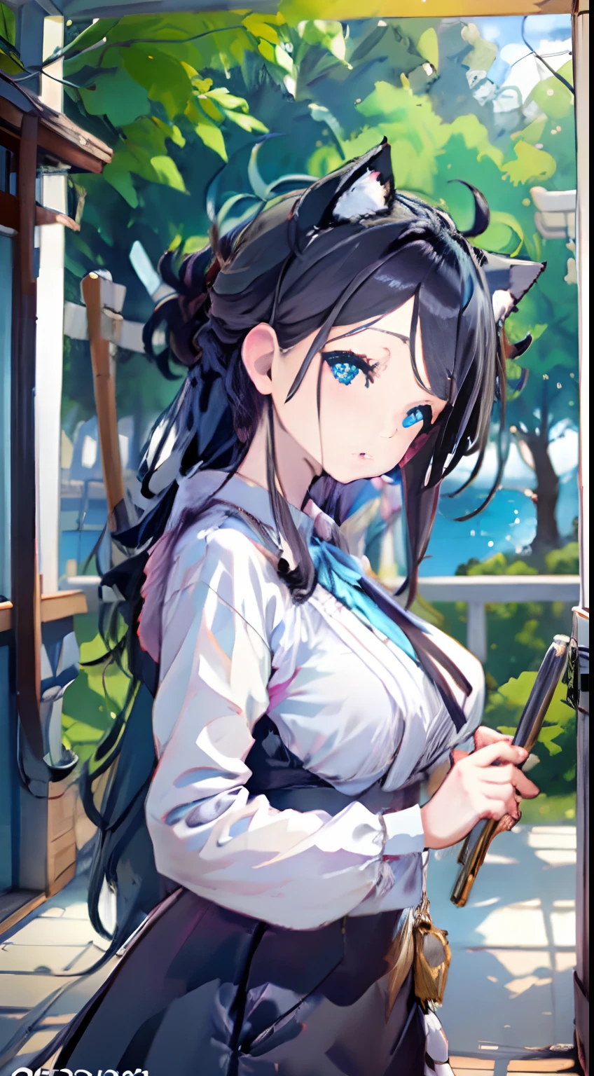 (NSTDA.:1.2), (10, beste-Qualit, master-piece: 1.4), ultra-high resolution, (lifelike, photorealistic portrait: 1.48), 25 years old, Cute Girl, Famous Japanese actors, oversized breasts, Blue Eyes, Head tilt, cowboy shot, from the front,My favorite cat ears, looking at the audience, expressionless, Beautiful lake,  Zeiss 150mm F/ 2.8 Hasselblad, In Japanese shrines, Whole body, foot, Ultra-Wide Angle