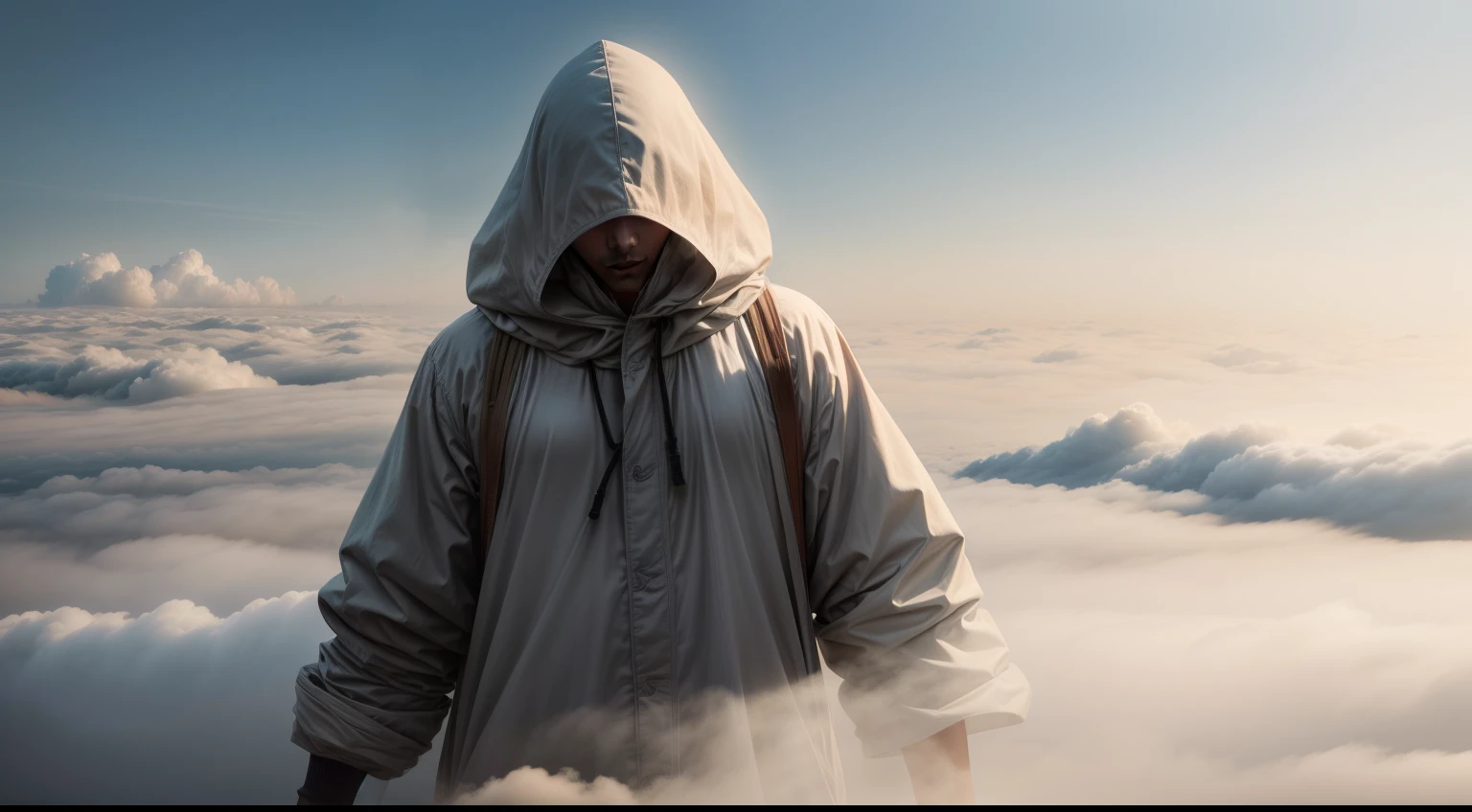In the center of the picture is a cloud of fog，In this fog, the lower body of a person is exposed，Can't see the head clearly，