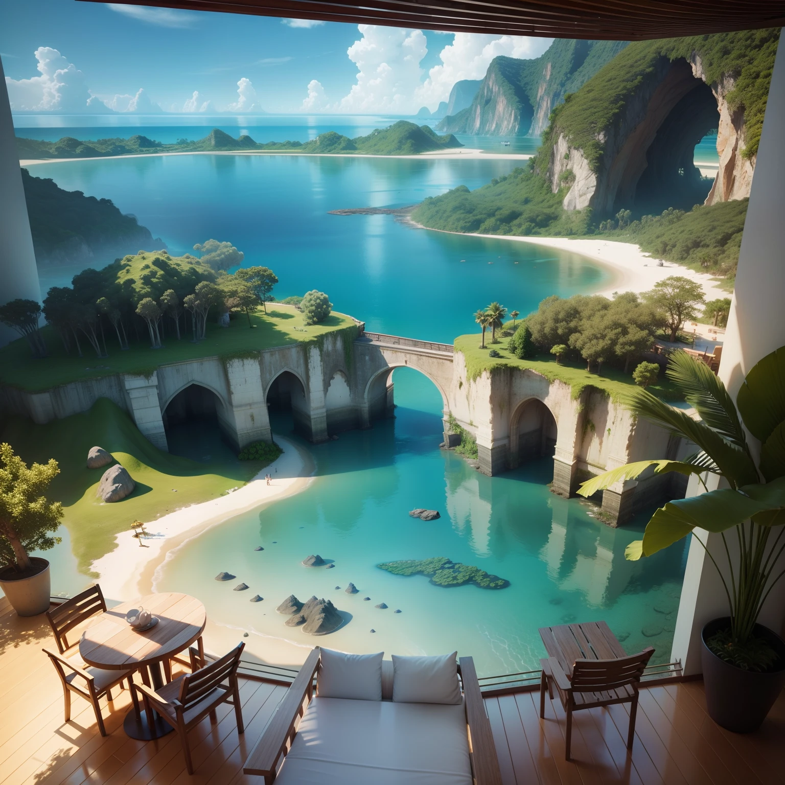 Beautiful very realistic large lagoon, Inside an island in the sea around the jungle, Beautiful hotel on the coast, 3D top view