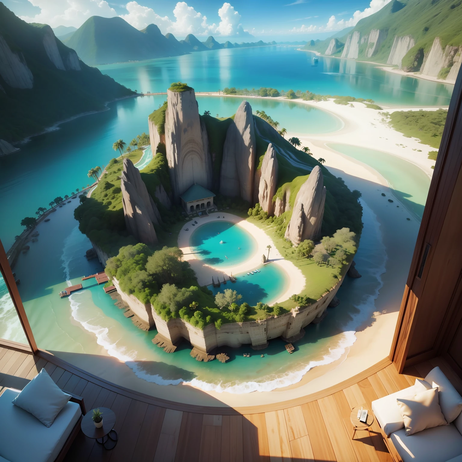 Beautiful very realistic large lagoon, Inside an island in the sea around the jungle, Beautiful hotel on the coast, 3D top view