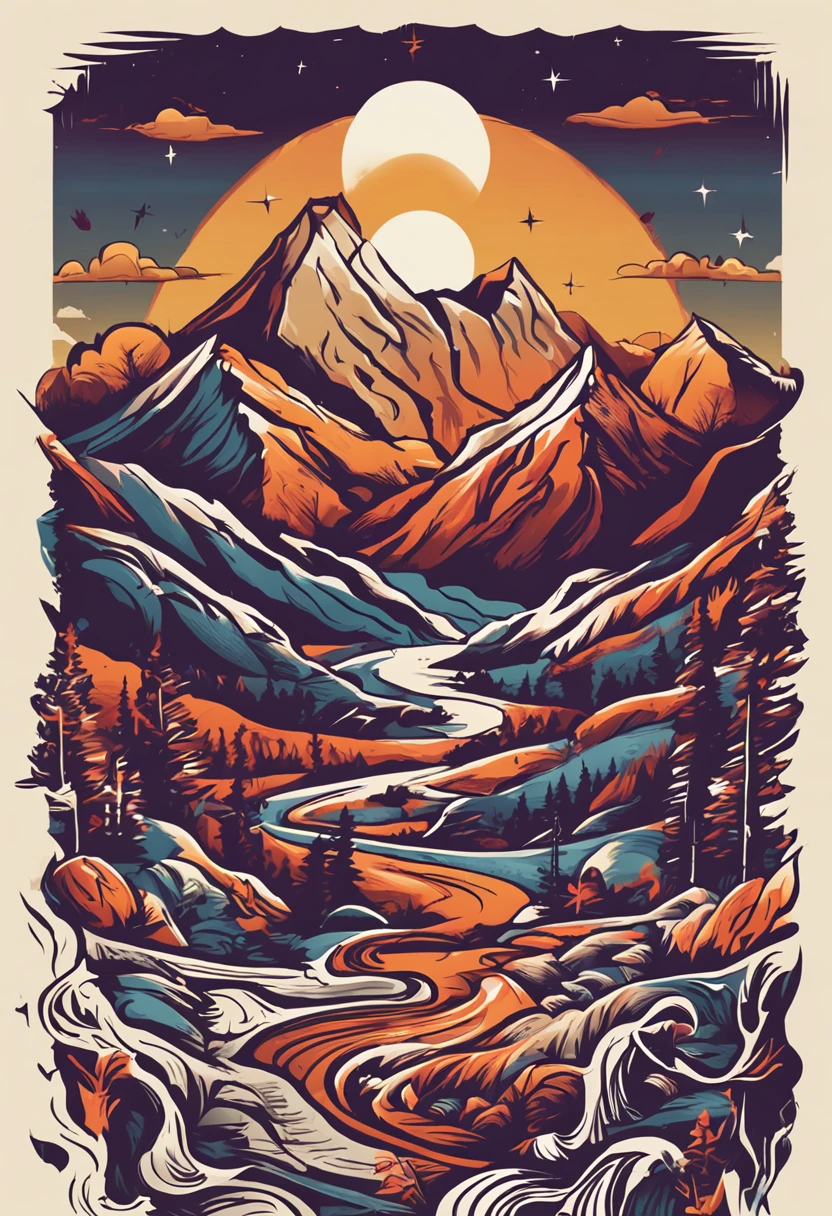 Print-ready vector T-shirt design, An adventure's scene, Trends and torches, The background is beautiful night sun and mountains, Clean white background, Professional vector, Full shot, 8K resolution, Impressive illustration