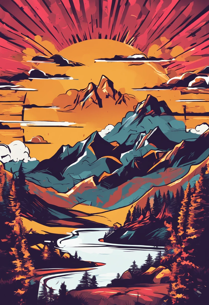 Print-ready vector T-shirt design, An adventure's scene, Trends and torches, The background is beautiful night sun and mountains, Clean white background, Professional vector, Full shot, 8K resolution, Impressive illustration