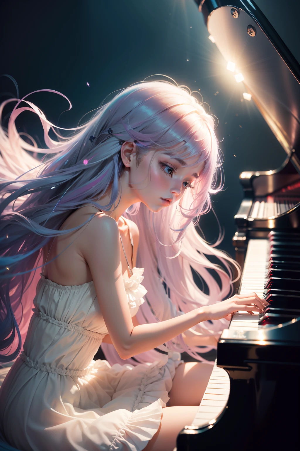 playing piano Playing the piano keys Hit the key girl with Hair long Lashes colourfull Active pop music Music Artistically art by colourfull natural soft light Steinway elegent