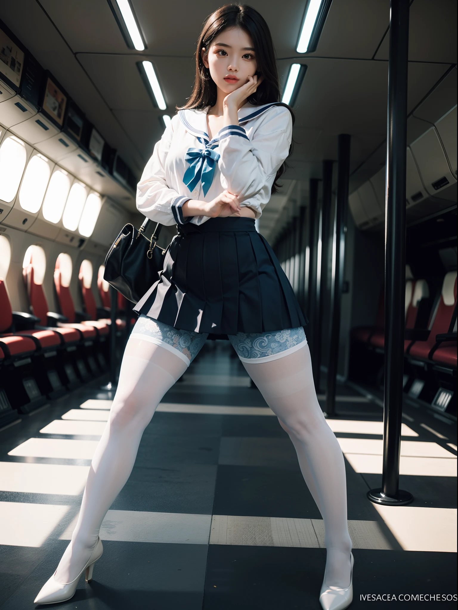 (full body:1.5),((girl):1.4),(view the viewer:1.4),(anatomy correct:1.3),(martial art pose on a bus:1.2),((colorful), (A brown Sailor suit and checkered high waisted pleated skirt )):1.2),(((thick white Pantyhose)):1.32),(black girl pointed thick heels :1.1),,(Accurate and perfect face:1.3),hyper HD, Ray traching, reflective light, structurally correct, Award-Awarded, high detail, lighten shade contrast, Face lighting ,cinematic lighting, masterpiece, super detailing, high quality, high detail, best quality, 16k,High contrast,