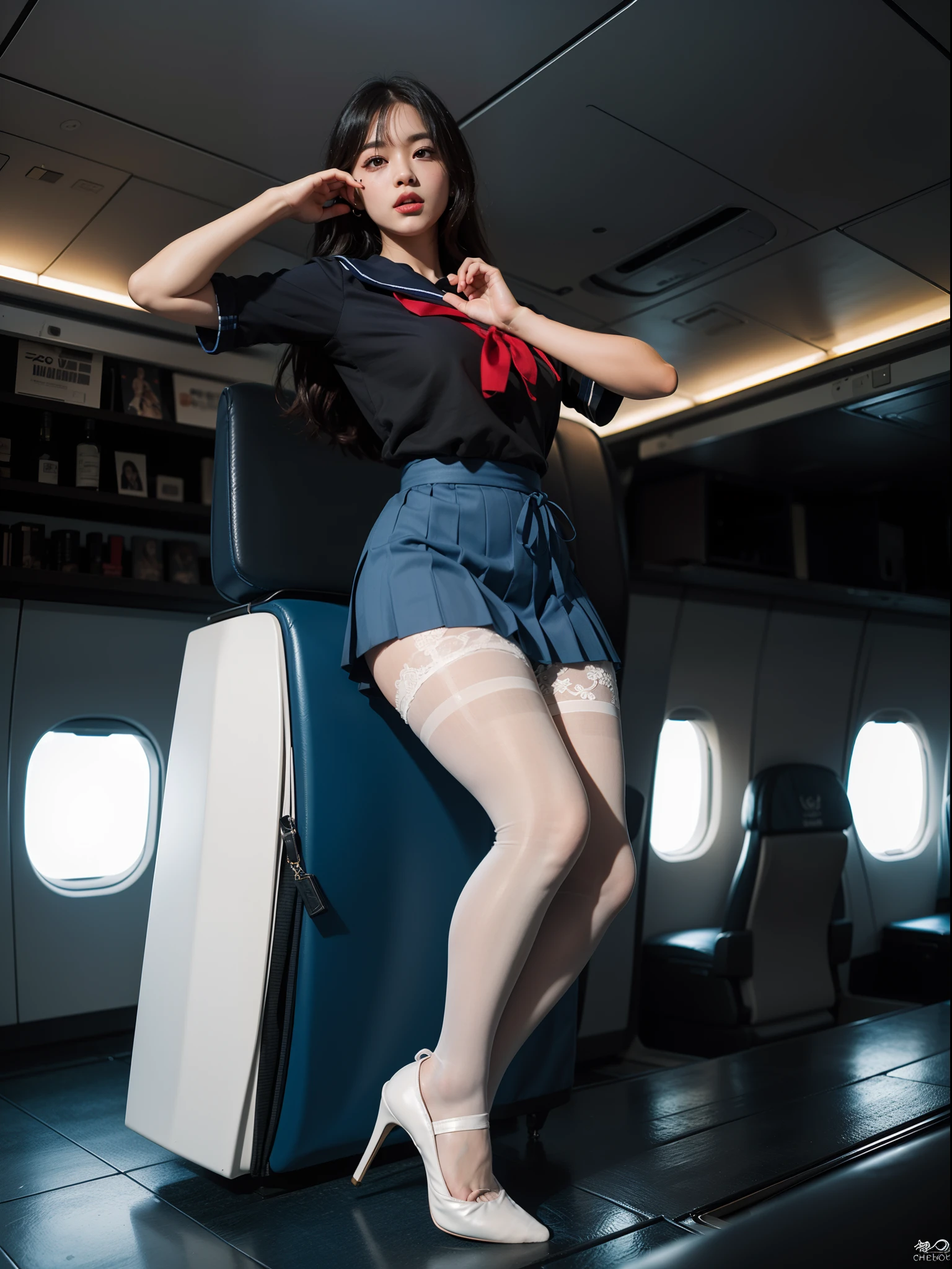 Flight attendant with legs apart