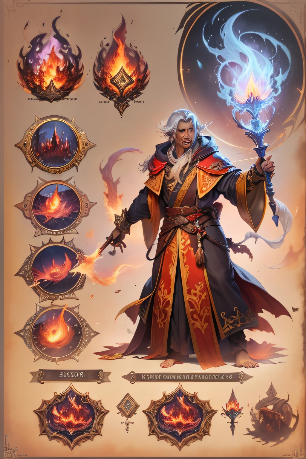 A powerful mage casts fiery spells at enemies, robe flowing dramatically.  

Items and gear listed on the side:
- Ornate robes
- Magic staff
- Spellbook
- Fireballs