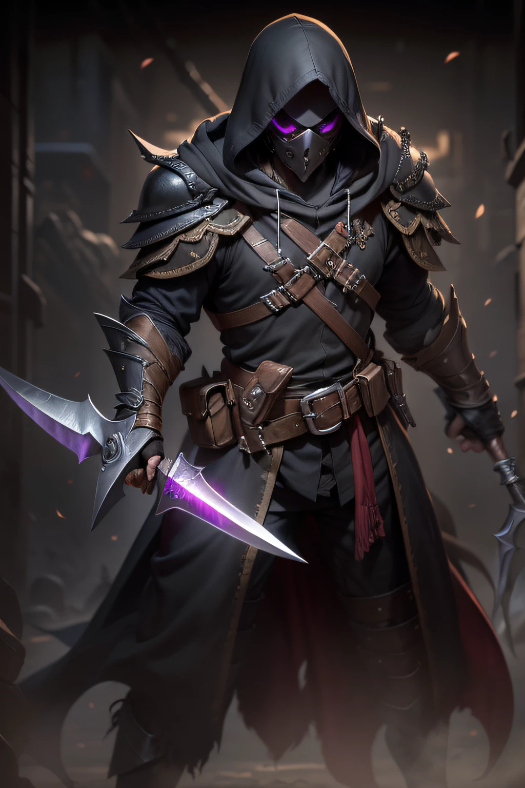 A deadly assassin wields a pair of sharp daggers, poised to strike from the shadows.
Items and gear listed on the side:
- Black leather armor
- Hooded mask
- Dual daggers
- Poison vials
