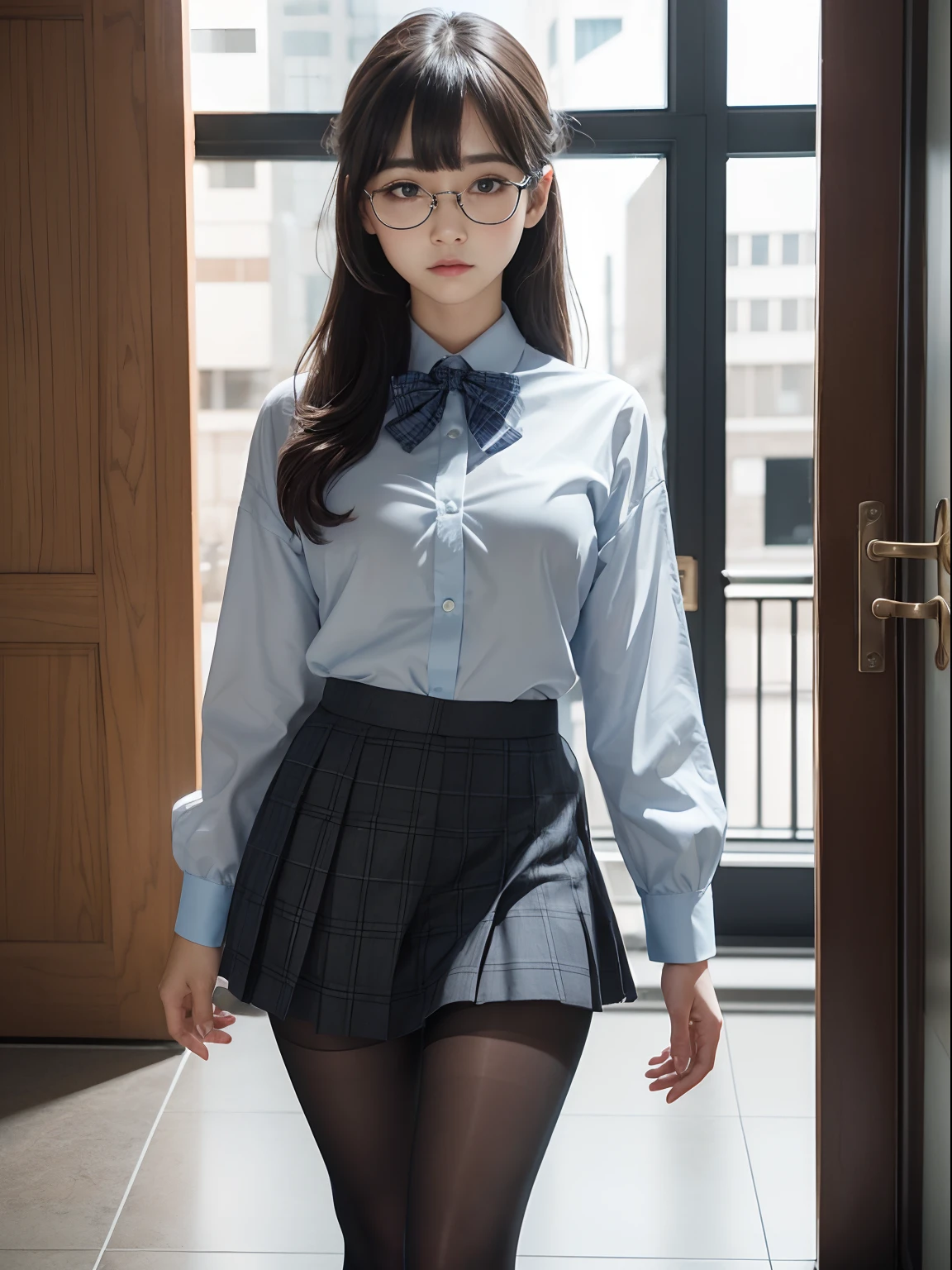 (Long ponytail),(Underwear is visible),(8K、Raw photography、top-quality、masterpiece:1.2),pigeon chest,glamor,Chromo-white skin,cocky,School,watching at viewers,Looking at the front,Muchimuchi,High-pitched clothing,Erotic,Pupils,de pele branca,kne,((Black pantyhose)),absurderes,a small face,,Forehead visible,Bangs hanging from the left and right sides of the forehead,(a cold expression,Tight eyes,glares,Bullish,irate)、masterpiece,top-quality、超A high resolution,Raw photo,ren,Beautiful fece,One Person, 独奏,eye glass,,Dark look,Small breasts,fullllbody,Round glasses,JK school uniform,hi-school girl,A Japanese Lady,is standing,(Photorealsitic:1.37)、Photon mapping,Realistic、Beautie,Cute little face,Brown-eyed、Black socks、(Red bow tie)、Radio City、Physically Based Rendering、depth of fields、Blurry background、a picture,Body,beauty legs, Long legs, Thin leg,(Bangs are visible), hair, s lips, Blue_The eye, nosesoft,(Light blue shirt), (Navy and blue and white plaid pleated skirt), Knees are visible,Sheer clothing,, Thigh, Black cotton socks,Nogizaka Idol, 女優, Japanese ido