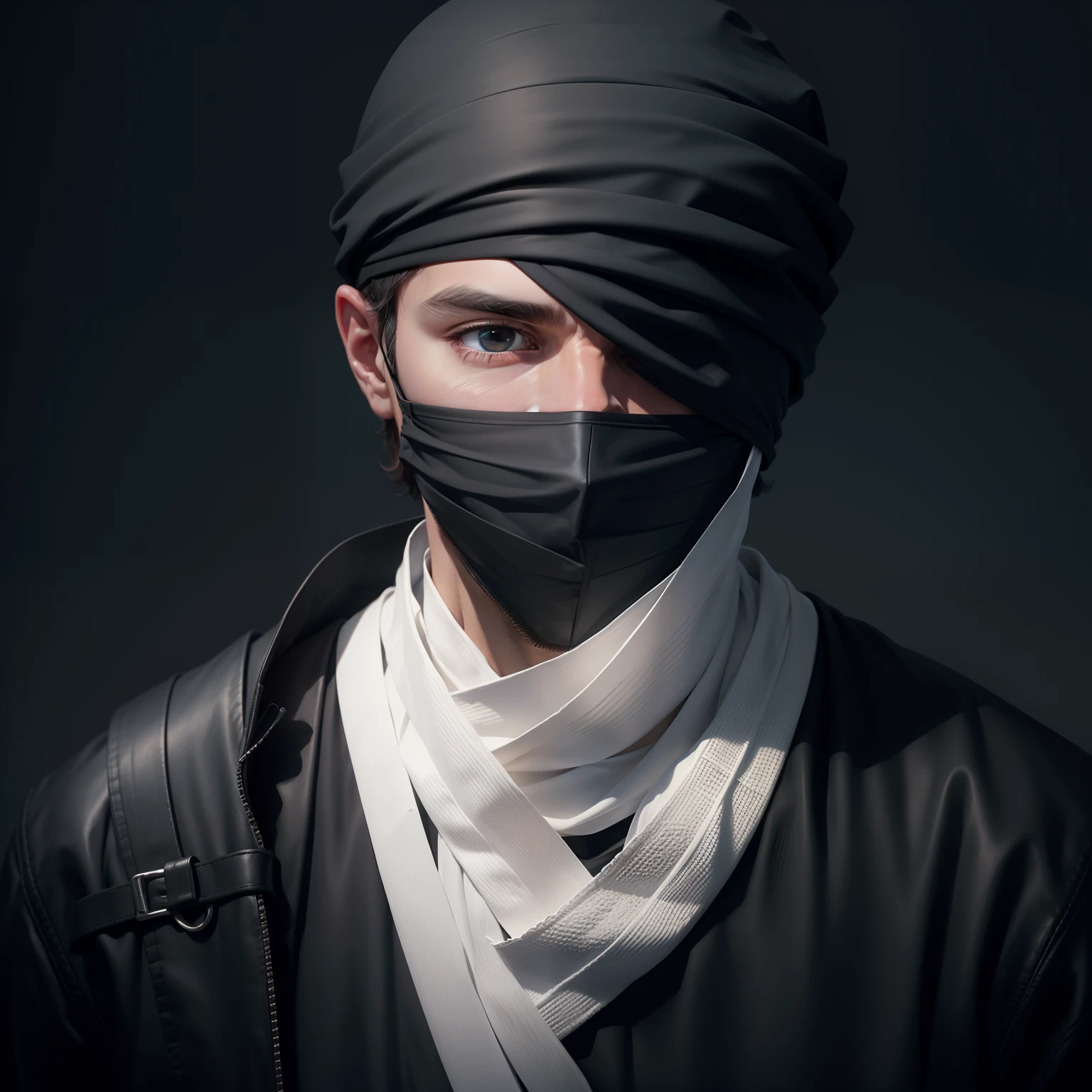 Close look up of man, standing in dark black background and his all face covered with white bandage with one eye open 8 k realistic
