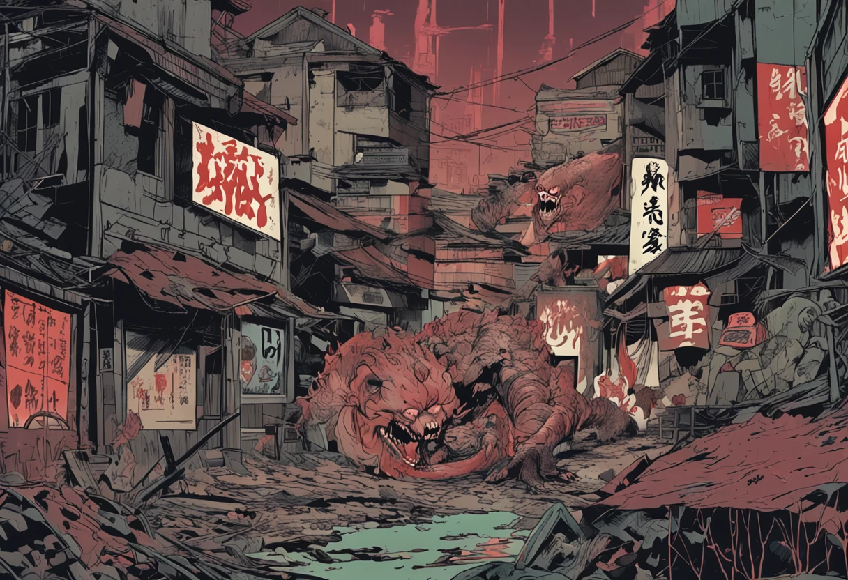 movie picture quality,电影灯光,Fish monsters,Extremely large,blood vess,frotting,Murderous,Wreaking havoc on the streets of Japan,Destroyed buildings,Collapsed walls,fire glow,Fleavvy clown kimono Japanese on the run,depth of fields,high light,Real light,Ray traching,oc rendered,Hyper-realistic,best qualtiy,8K,Works of masters,super-fine,Detailed pubic hair,Correct anatomy,sharp focus on eyes,Bokeh,Facial features are carefully depicted