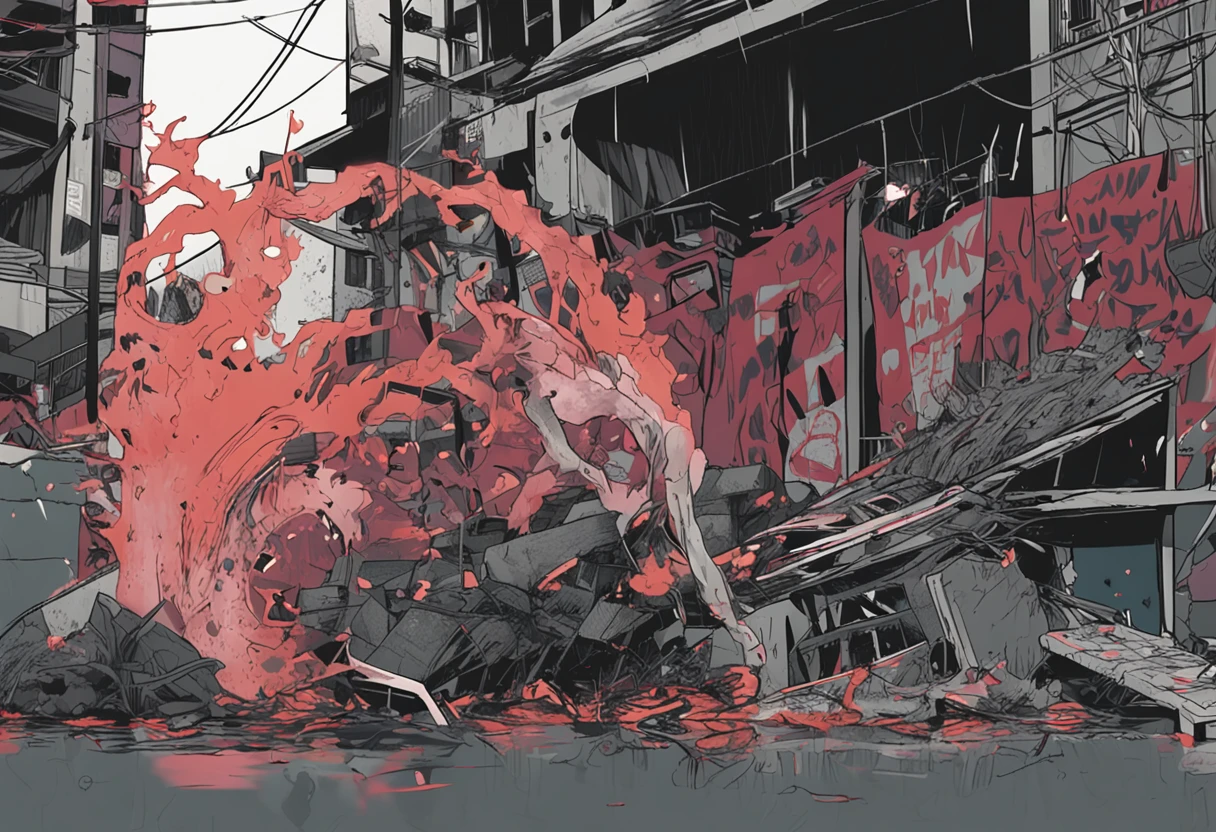 movie picture quality,电影灯光,Fish monsters,Extremely large,blood vess,frotting,Murderous,Wreaking havoc on the streets of Japan,Destroyed buildings,Collapsed walls,fire glow,Fleavvy clown kimono Japanese on the run,depth of fields,high light,Real light,Ray traching,oc rendered,Hyper-realistic,best qualtiy,8K,Works of masters,super-fine,Detailed pubic hair,Correct anatomy,sharp focus on eyes,Bokeh,Facial features are carefully depicted