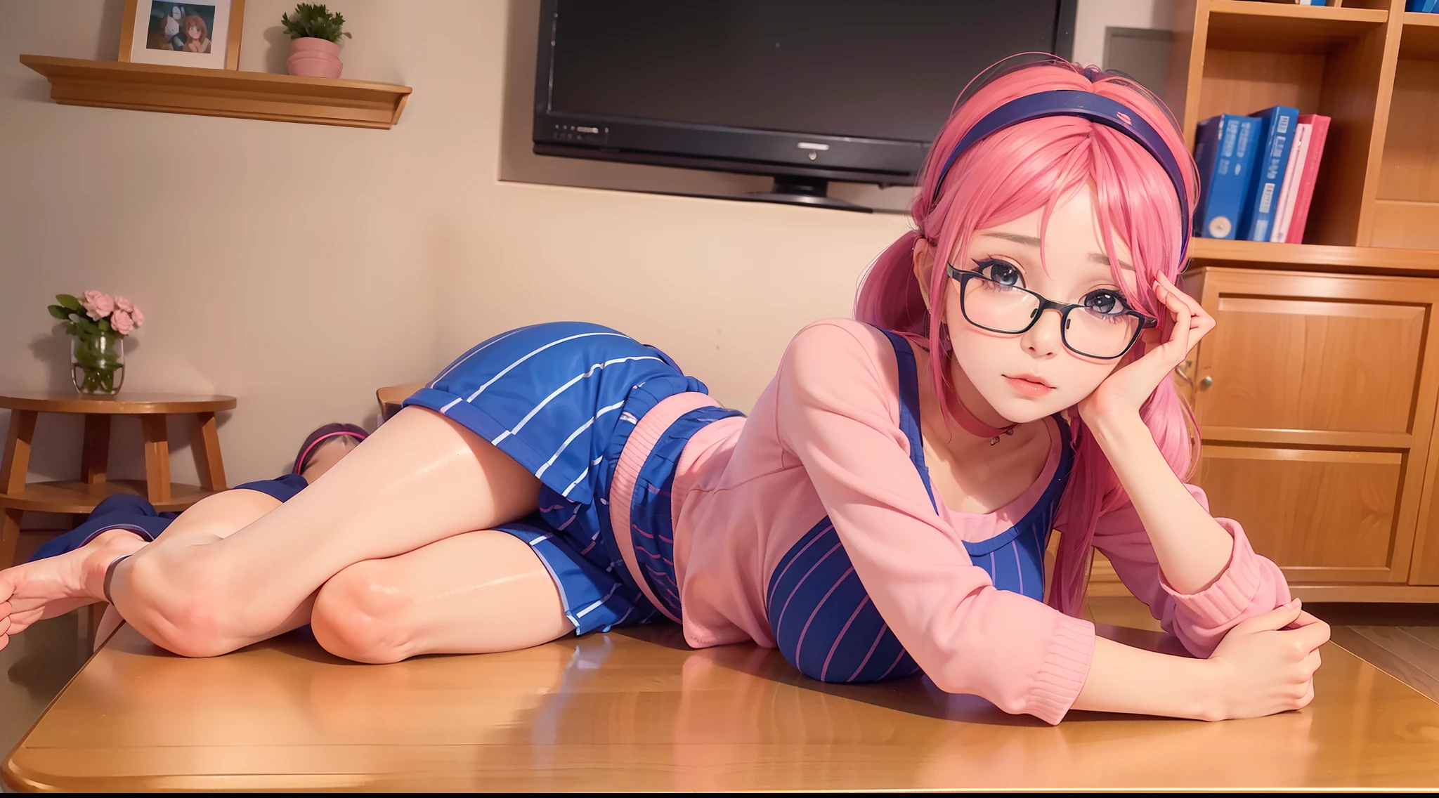 photo realism, 4k, aesthetics, Realistic girl, handsome girl, tmasterpiece, Perfect Quality, beste-Qualit, beatiful face, cute anime girl in reality, Realistic anime girl, in a room with pink wallpaper and pink style, There is good furniture, bed, armchair, pigtails, hanging down, She has a pink hoop on her head and two hairpins on her bangs, Glasses in a beautiful pale pink frame, Mita from the game MiSide, Cute looking at the camera, Milo ulыbaetsya, Three-quarter photo, well-traced skin, high-quality clothing, beautiful detailed hair, Photorealistic hair, ruddy face, Beautiful super-quality face, Unlubricated face, beatiful face, Beautiful head, Korean appearance, idol, 3D девушка, 3D реализм, ((beste-Qualit, 8K, tmasterpiece: 1.3)), sharp-focus: 1.2, beautiful woman with perfect figure: 1.4, Slim abs: 1.2, ((, big breastes: 1.2)), Highly Detailed Facial and Skin Texture, A detailed eye, 二重まぶた, Miside Mita, pink hoop, pink hoop on his head, Two pink hairpins in her hair, (red glasses), Blue hair, hall, Against the background of a bookcase, TV and shelves with photos on the wall, Window, Sakura outside the window, Japanese street outside the window, Responsibilities at the Center, The big picture, ((((lying on the table)))), Sakura in the background, Sakura on TV, blurred background, Beautiful well-proportioned body, Beautiful hands, nice feet, correct fingers, Right legs, Under the covers, Cute peeking out from under the covers, One character, One Fee, no one else but Mita, The palm is not visible, fingers are not visible, Stockings, legs in stockings