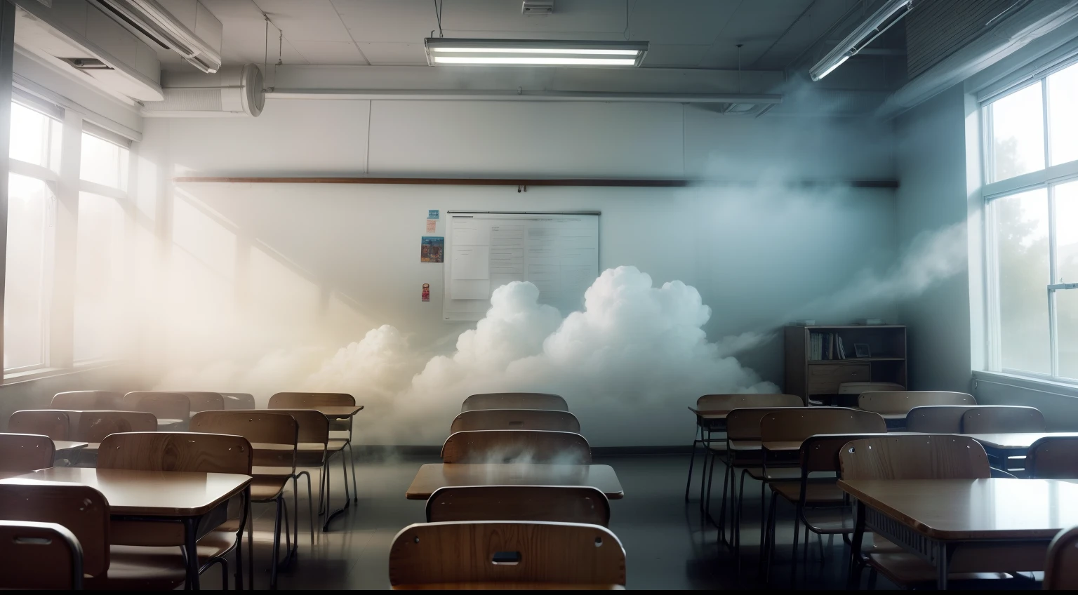 White clouds drifted in the classroom，Float one after the other，White fog，A waist-deep white mist，Tables and chairs covered by fog